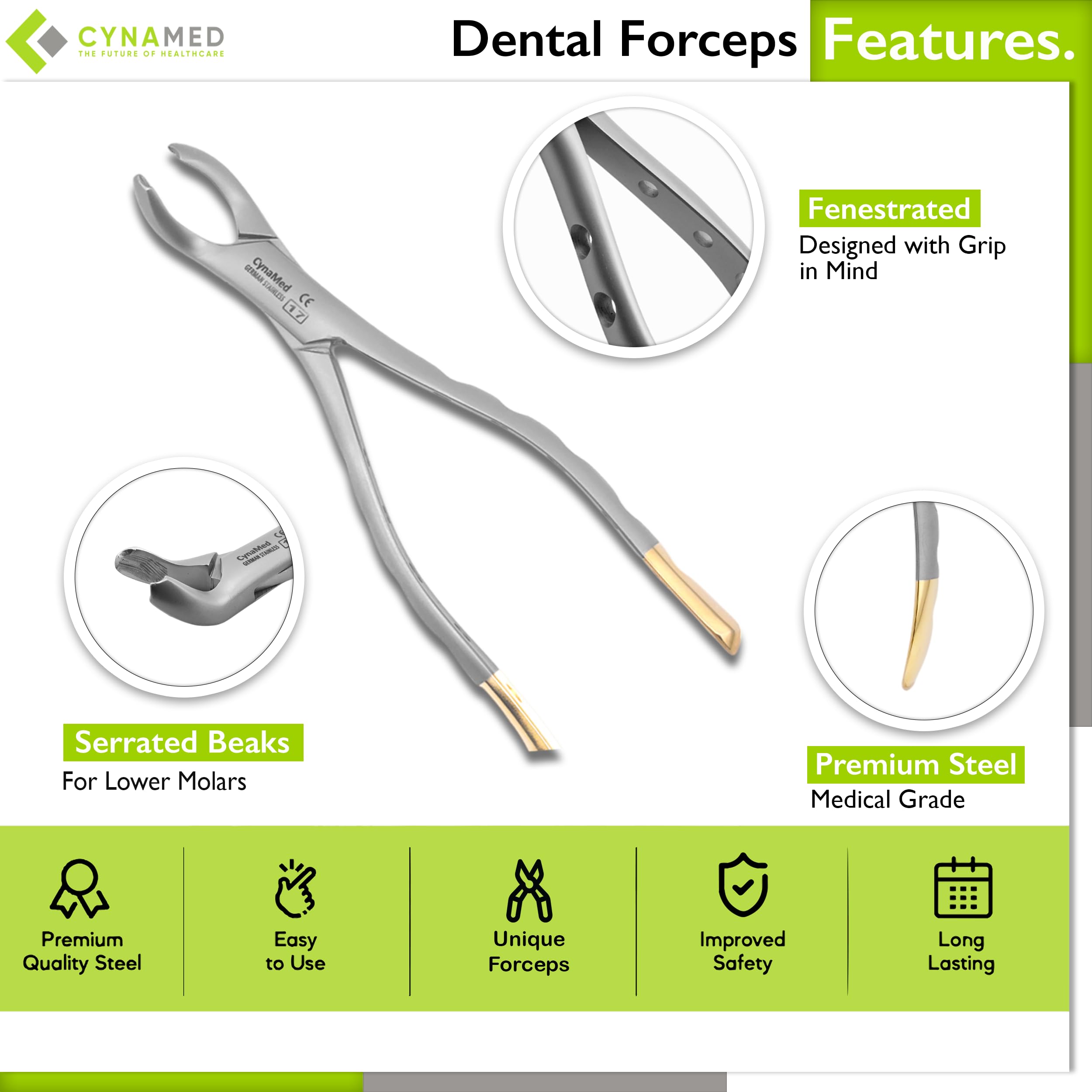 Cynamed Dental Extraction Forceps, 17, Fenestrated, Premium Stainless Steel