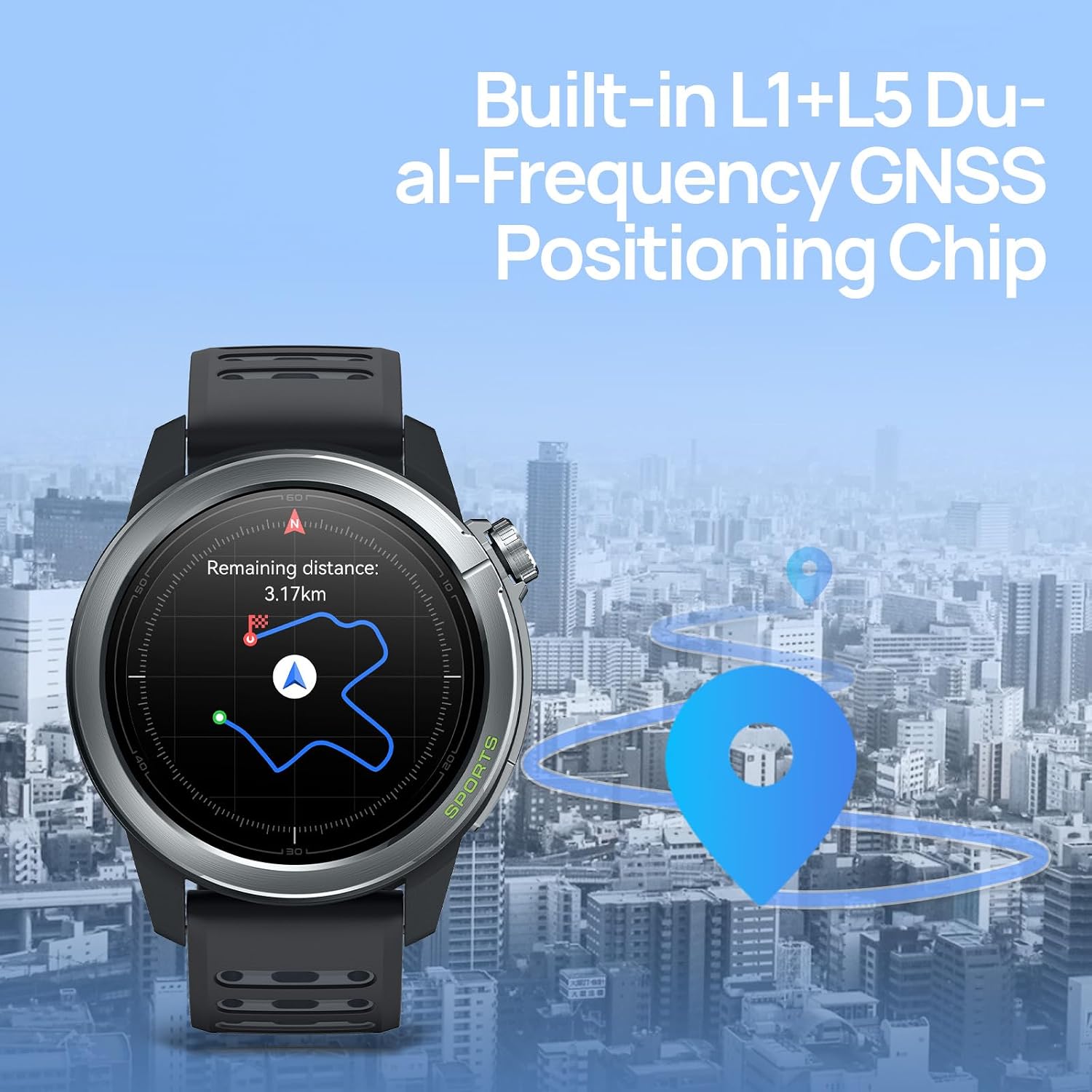 Mibro GS Active2 displaying a map route with a built-in L1+L5 Dual-Frequency GNSS Positioning Chip