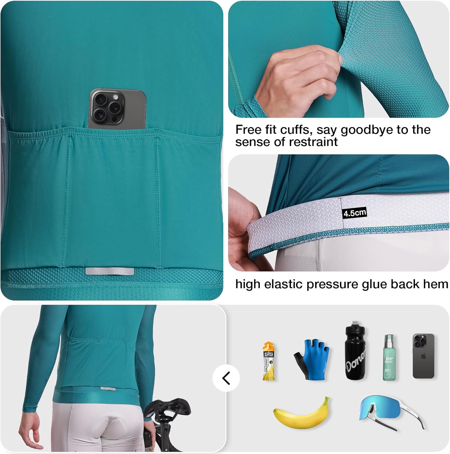 Men's Long-Sleeved Cycling Jersey,Three Rear Pockets High-Stretch Quick-Dry Top Road Cycling UPF 50+ Sun Protection - Image 5