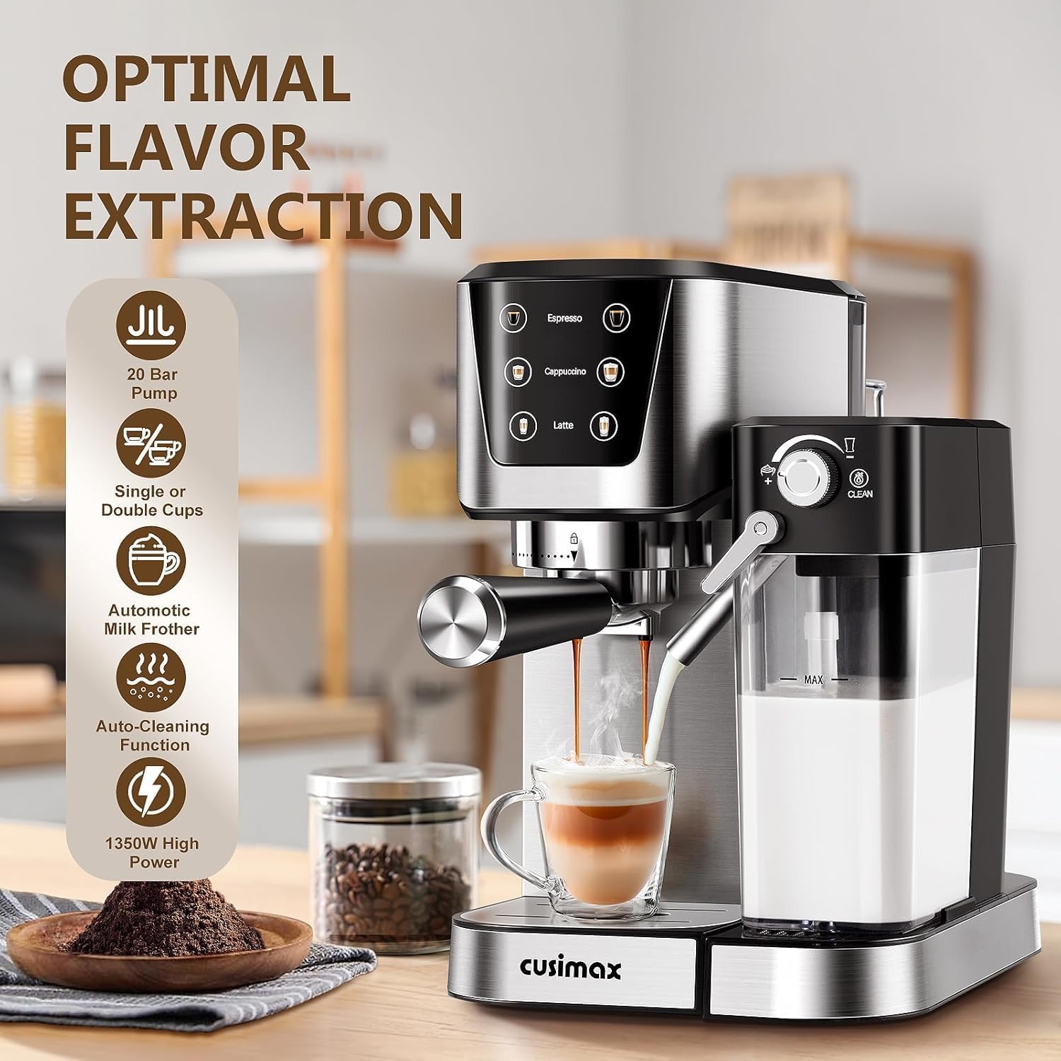 Espresso and Cappuccino Machine 20 Bar, Latte Machine with Automatic Milk Frother, Espresso Maker in Stainless Steel Design,1350W Coffee Maker with Touchscreen for Home (Silver)