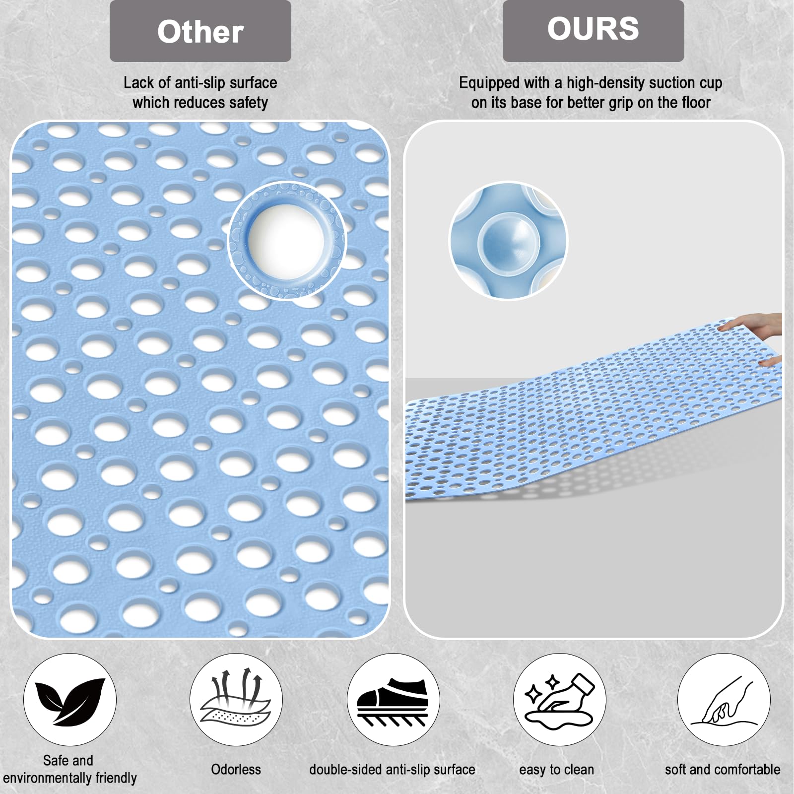Tapis de douche antidérapant et anti-moisissure 60 x 90 en TPE avec ventouses pour douche et baignoire, lavable en machine avec trous de drainage (bleu pur, rectangulaire, 60 x 90 cm)