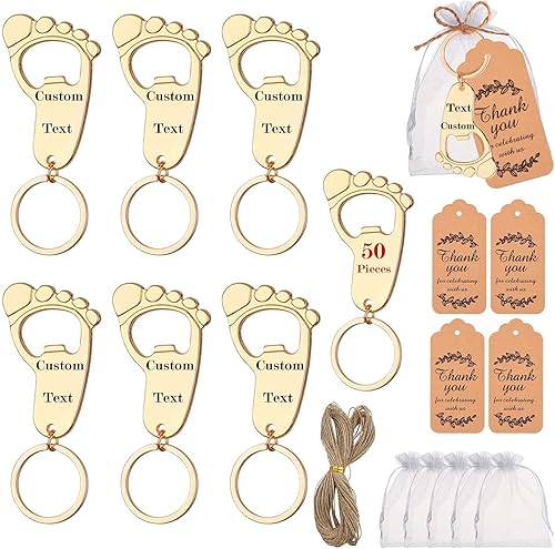 50 piezas personalizadas para baby shower, abrebotellas, llaveros de huellas, recuerdos de baby shower, regalos de devolución para invitados, vienen