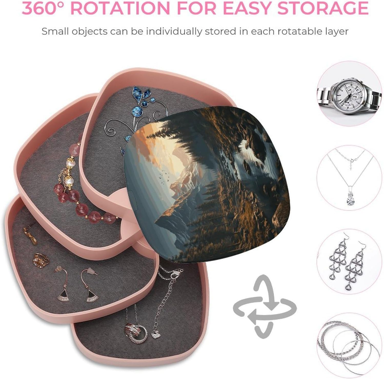 Wilderness Jewelry Box 360° Rotatable Jewelry Organizer 4 Layers Jewelry Case with Lid Fashion Portable Earring Holder for Bracelets Rings Bracelets Vanity image 4