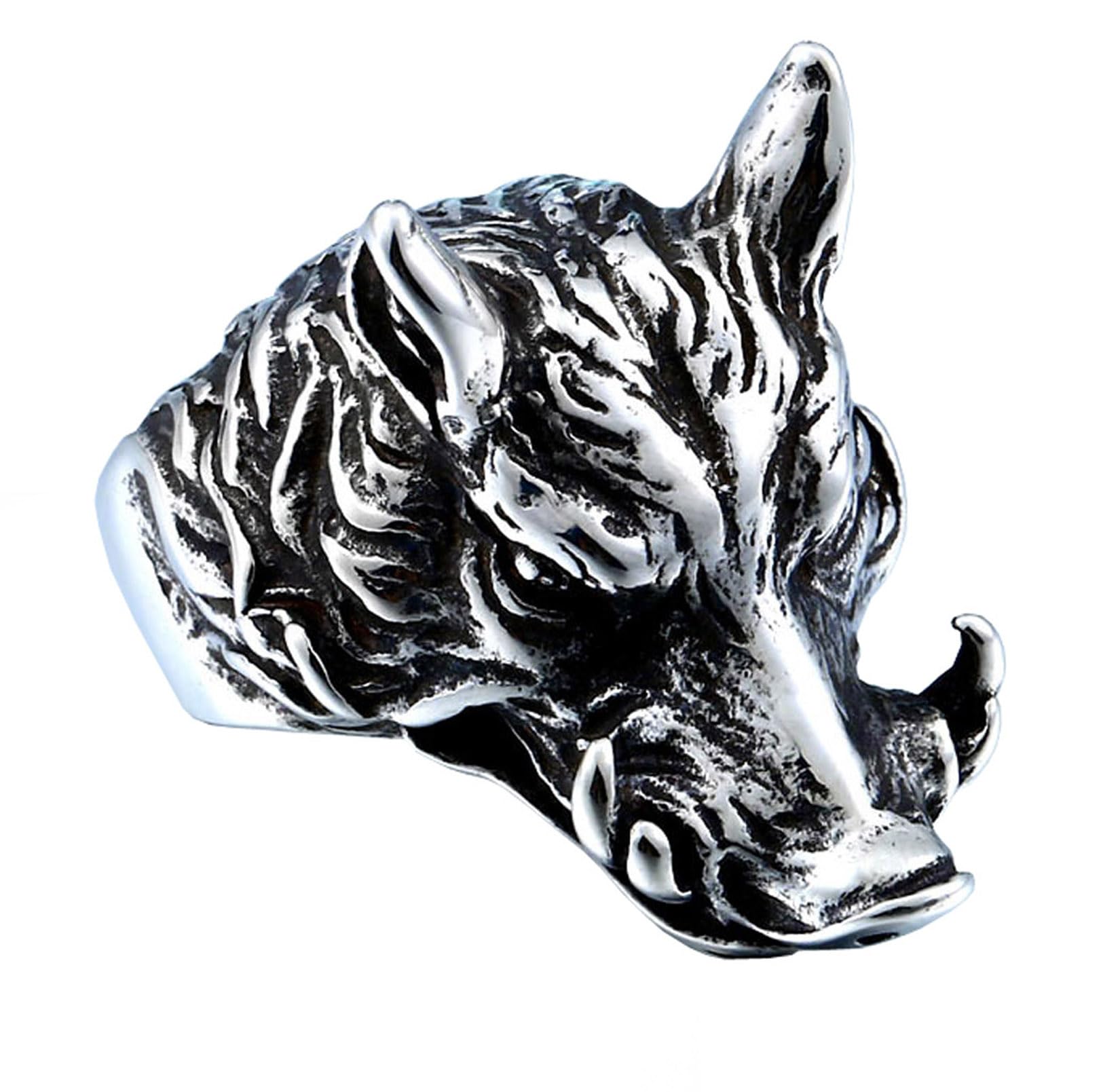 PW 精良SUS316L製 シルバー銀色 精巧 リアルな作り 凶暴なイノシシ wild boar 指輪 【ラッピング対応】