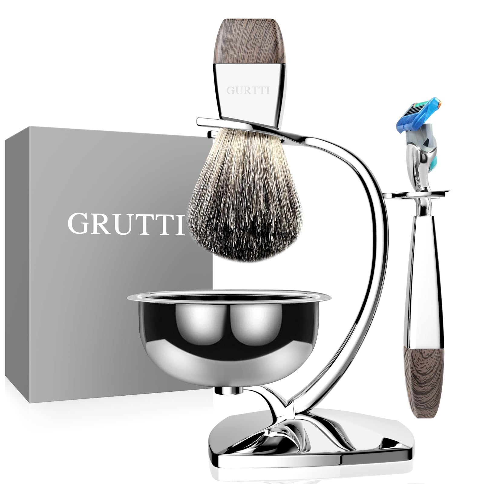 [Compatible Gillette Fusion5] Kit rasage magnétique : Bol inox (bol mousse + évacuation eau brosse) + Support chrome perle – Pratique, décoratif – Cadeau homme