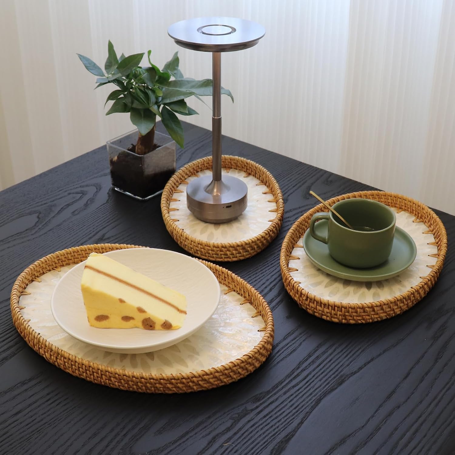 Oval Rattan Serving Tray with Mother of Pearl Inlay, Handwoven Boho Decor Breead Basket for Fruit Food Coffee Table Home Decor Kitchen 3 Pcs (White Leaves)