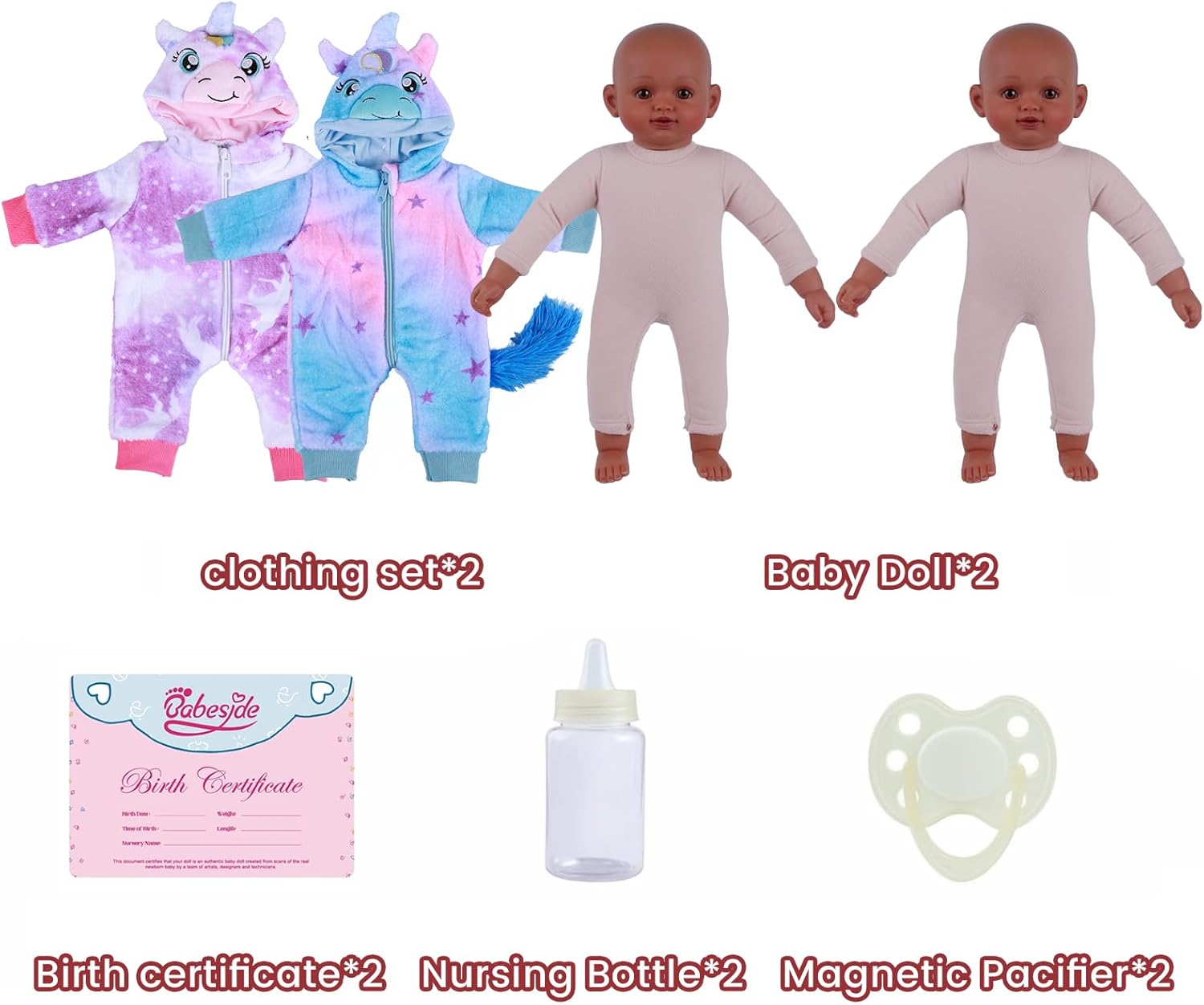 BABESIDE Black Baby Dolls Twins, 17'' Realistic Soft Body Baby Doll Cute Real Life Baby Dolls Girl and Boy with Accessories for 3+ Year Old Kids Gifts, Pretend Play, Collection