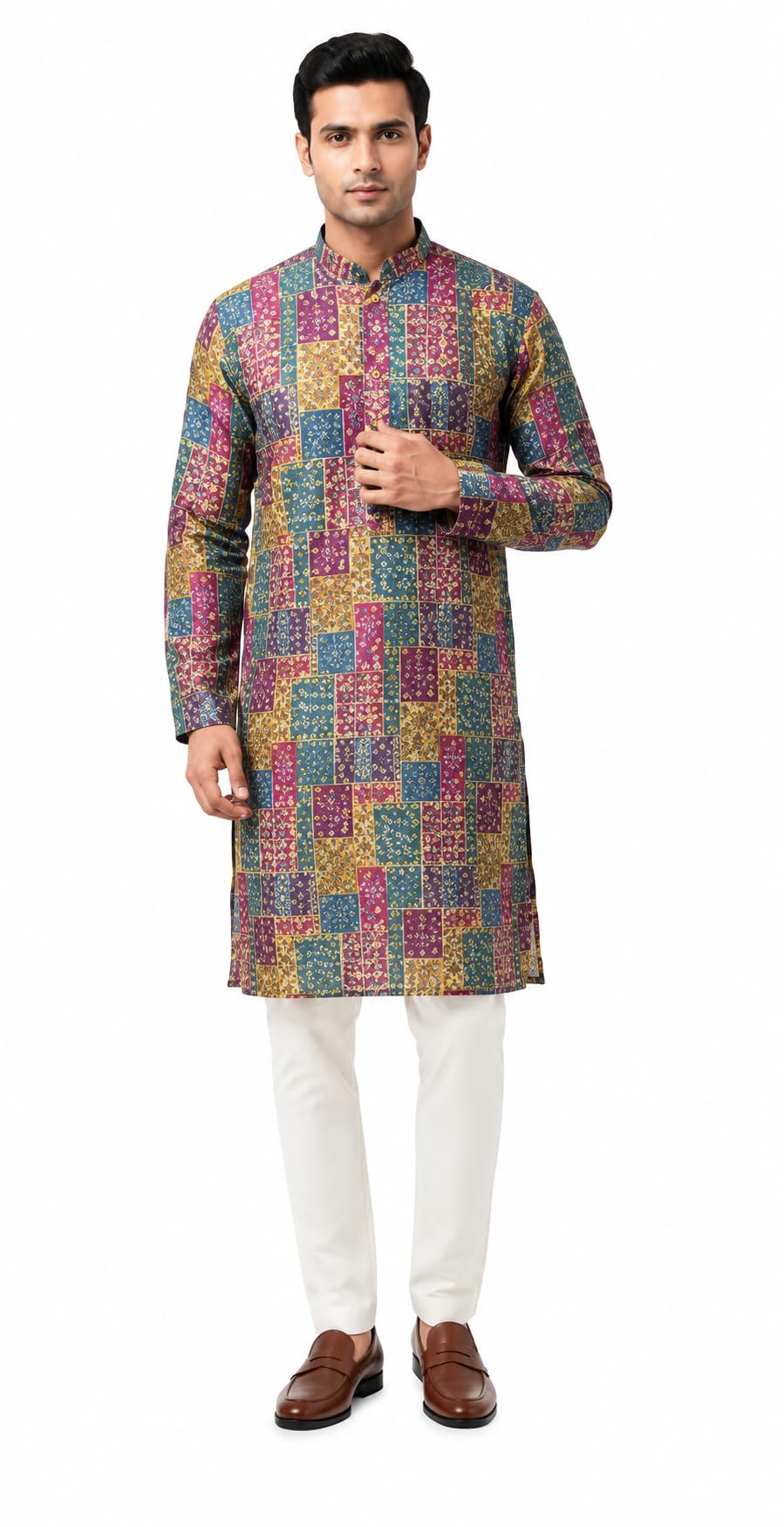 Men's Multicolour Patchwork Printed Kurta with Pajam Set Mandarin Collar (S)-image-43