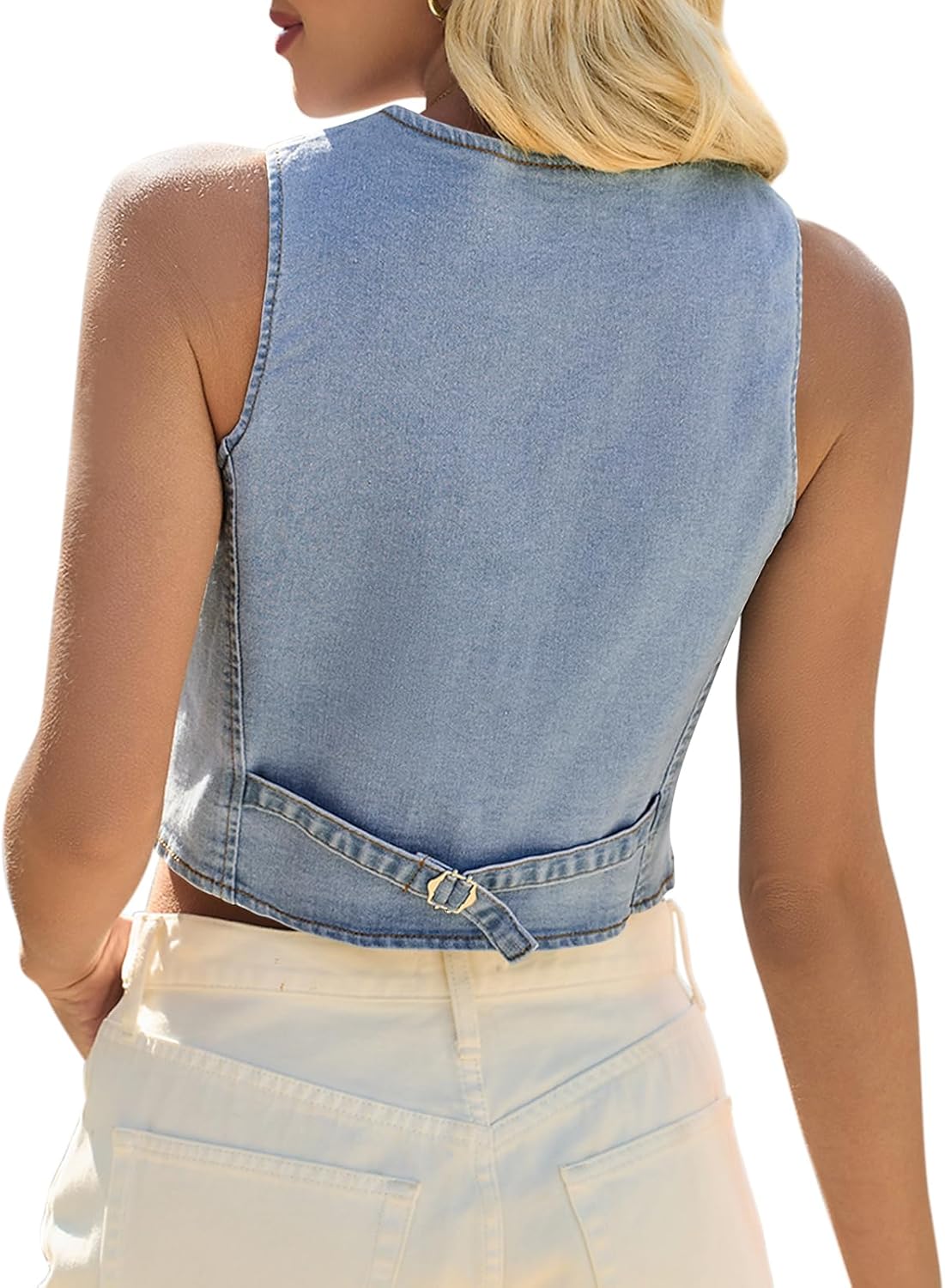 Yousify Women's Summer Tops Denim Vest Sleeveless V Neck Button Down Jean Y2k Crop Jacket With Pocket - Image 5