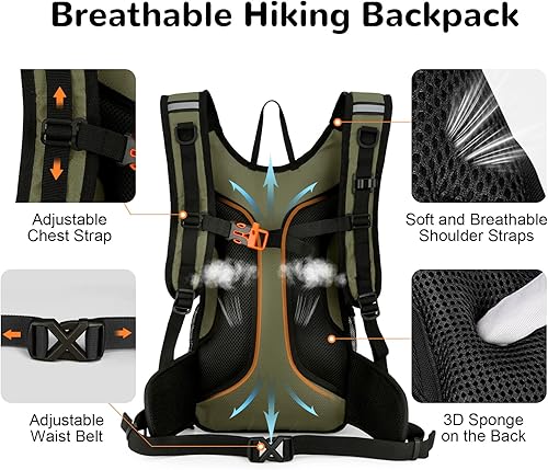 Miniatura 4 de Mochila de senderismo pequeña de 15L con correa para el pecho para hombres y mujeres, mochila de campamento impermeable, color verde