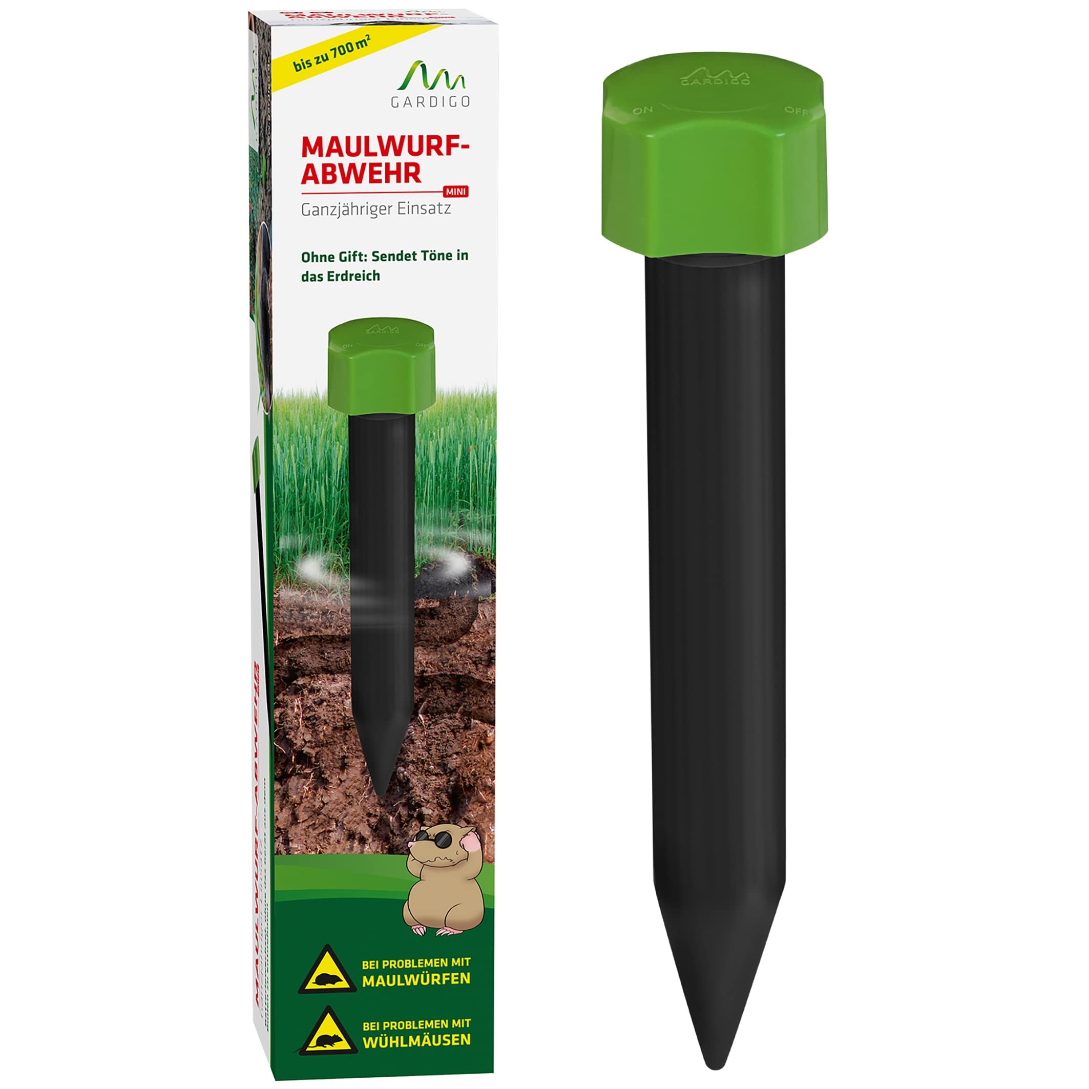 Gardigo® Dissuasore per Talpe - Set da 4 | Scaccia Talpe Mini a Batteria | 400 Hz | Dispositivo Anti Talpe per Giardino | Cambio Batteria Facile | Repellente per Arvicole