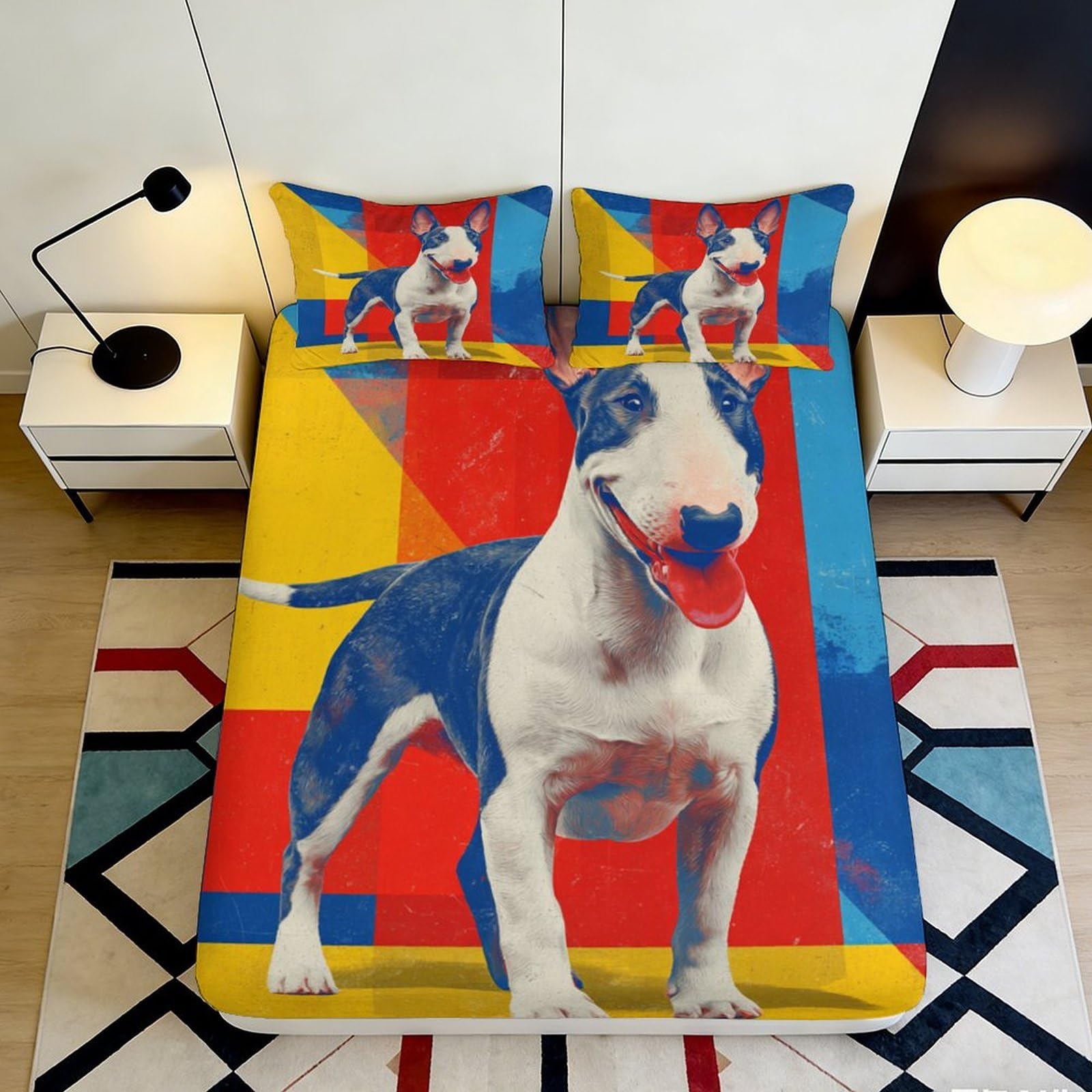 3D Printed Colorful Bull Terrier Fitted Sheet Microfiber Soft Non-Slip Dog Art Mattress Cover for Bedroom Guest Room 90x200x25cm