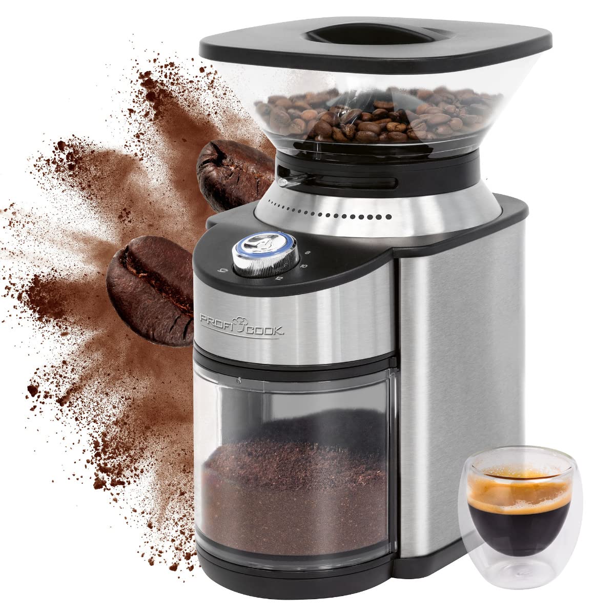 ProfiCook PC-EKM 1205 - Molinillo de café eléctrico, 200 W, 16 ajustes de grado de molienda, acero inoxidable, molinillo de café, hasta 230 g de granos de café, temporizador eléctrico