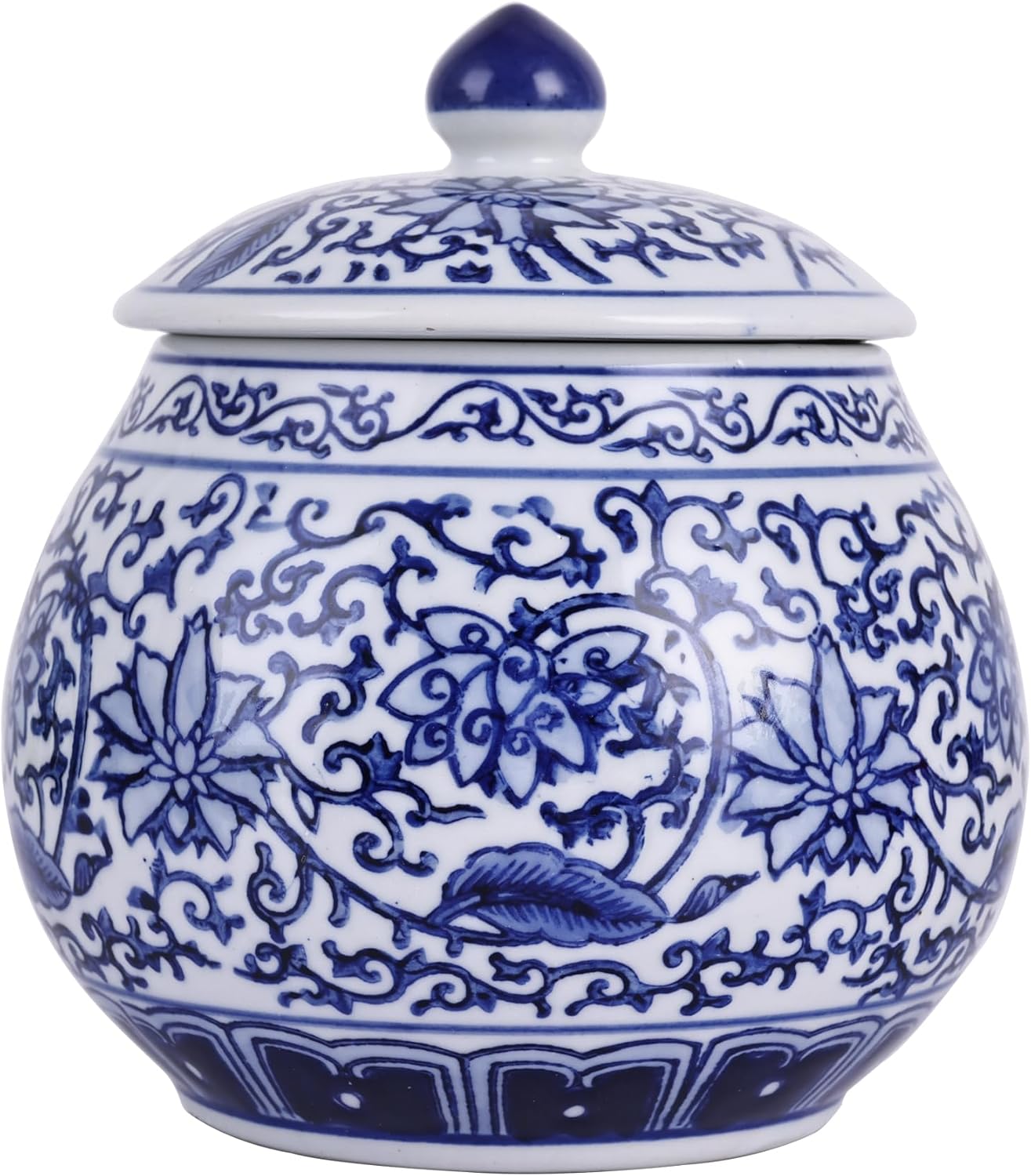 Ming And Qing Dynasty Style Blue and White Porcelain Ginger Jar - Hand-Painted Floral Chinoiserie Decorative Jar, Ceramic Flower Vase & Storage Jar for Home Decor, Tea, or Snacks (Byuan Jar)