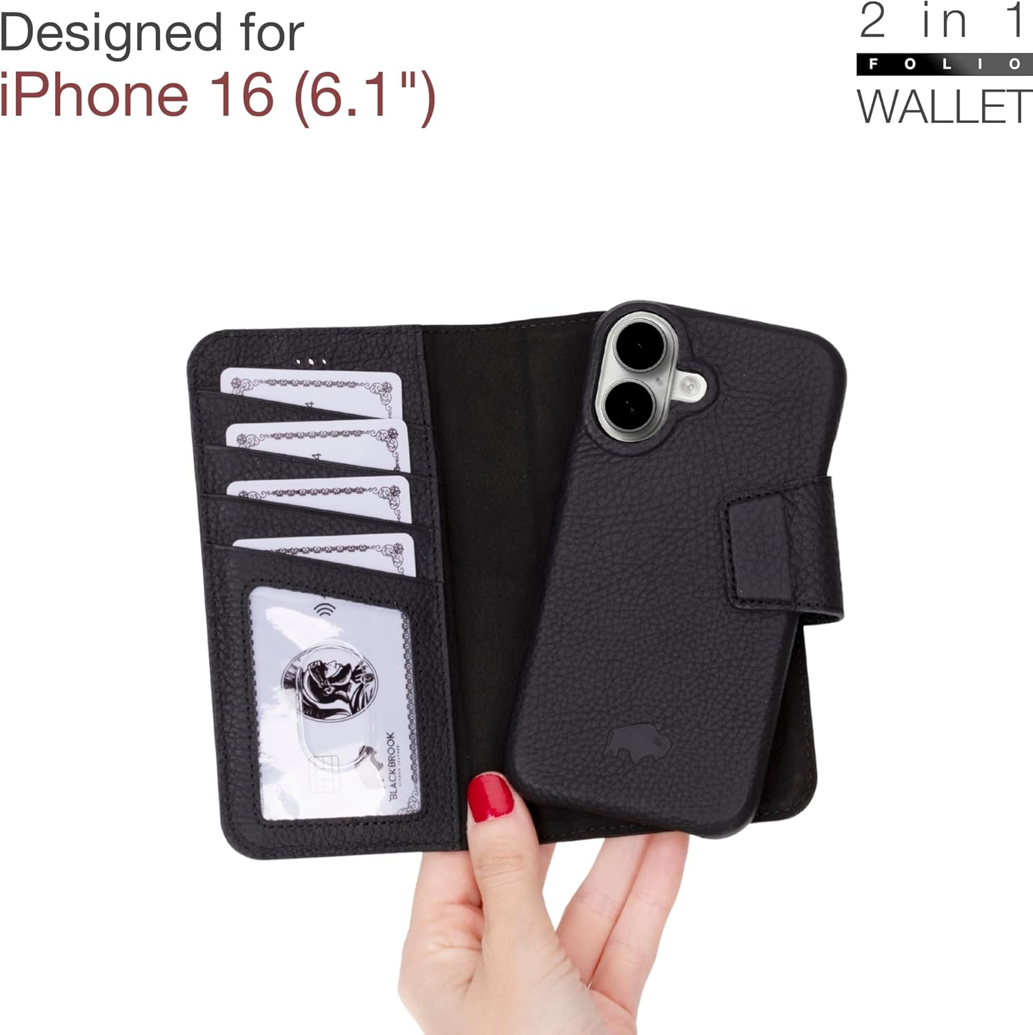 BLACKBROOK Case for iPhone 16 Wallet Case with Card Holder, Full Grain Leather, Detachable 2-in-1 Set for MagSafe, RFID Blocking 4 Card Slots, Flip Phone Case Compatible with iPhone 16