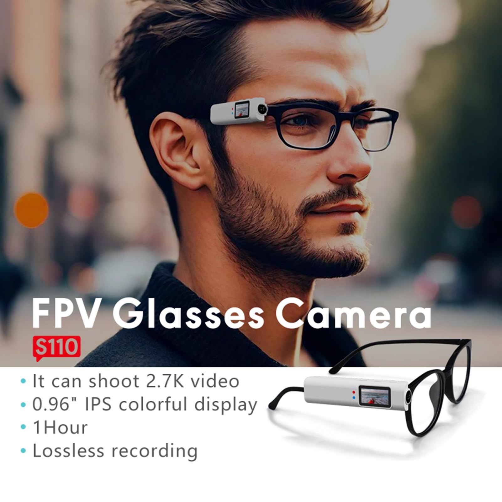 VBESTLIFE Occhiali da Telecamera Montata a Testa da 2,7 K, Clip Incredibile su POV Sports Camera per Occhiali, 110 ° 1080p HD, Schermo a Colori da 0,96 Pollici