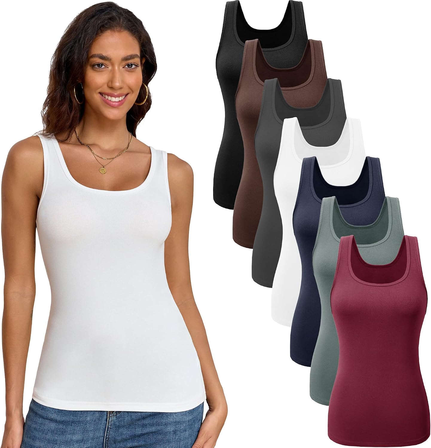 TVKSOM 7 Pack Basic Tank Tops for Women Undershirts Scoop Neck Ribbed Sleeveless Casual Layering Basic Tanks Top