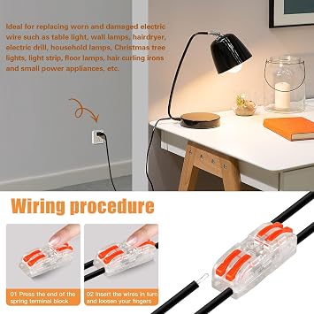 8 FT Plug Replacement 2 Prong with Lamp Wire, Black, NO Switch