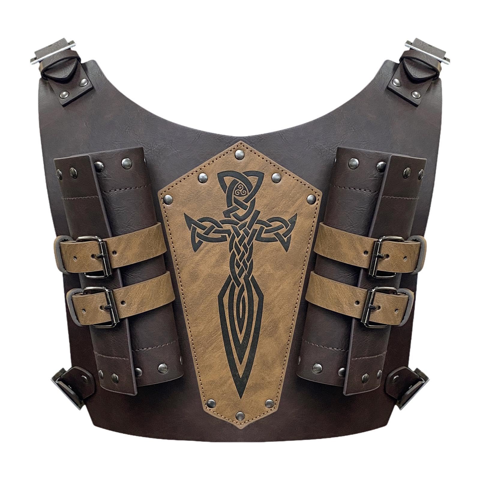 Fourreau D'Épée Dos Harnais Cosplay Simili Cuir Motif Gaufré Double Porte-épée Attache Réglable Accessoire Costume Adapté pour Festivals Historiques É, Brun