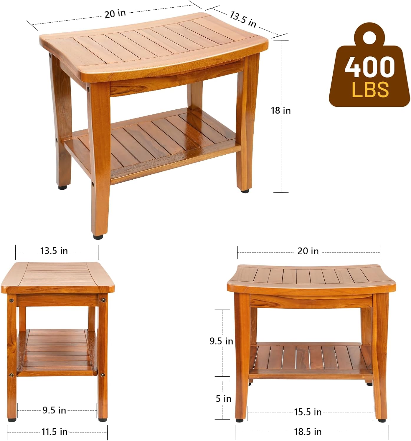 20 Premium Teak Shower Bench with Shelf & Handle, Solid Teak Shower Stool, Durable Wooden Waterproof Seat for Inside Shower, Teak Wood Bench for Bathroom, Indoor & Outdoor Use