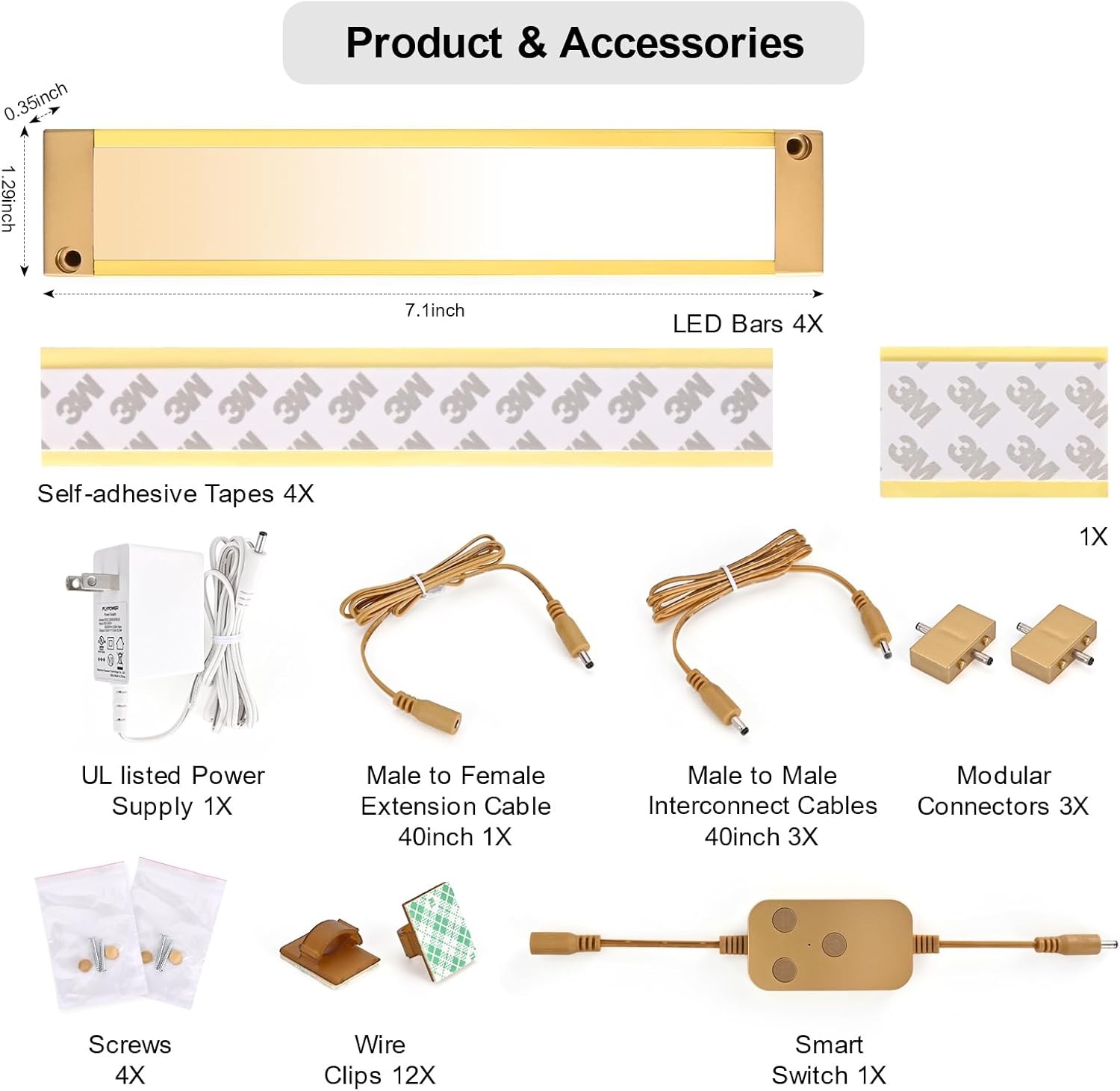 4pack 7inch Dimmable LED Kitchen Light Kit, 2700-6000K Smart Closet Cabinet Lighting Fixture APP Control, Compatible with Alexa, Google Assistant, for Under Counter, Garage, Pantry (Gold)
