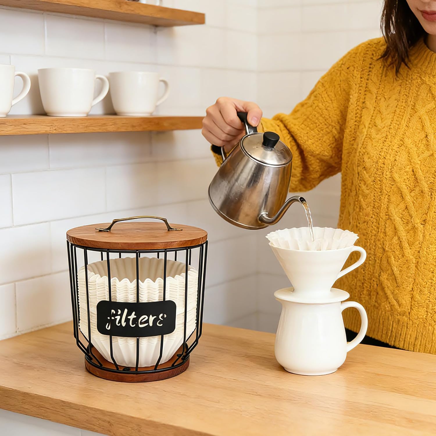 2 Pack (Large & Small) Coffee Filter Holder with Wood Lid - Large Capacity Black Wire Storage Canister Basket, Coffee Bar Accessories & Decor for Coffee Filters and K Cups Storage