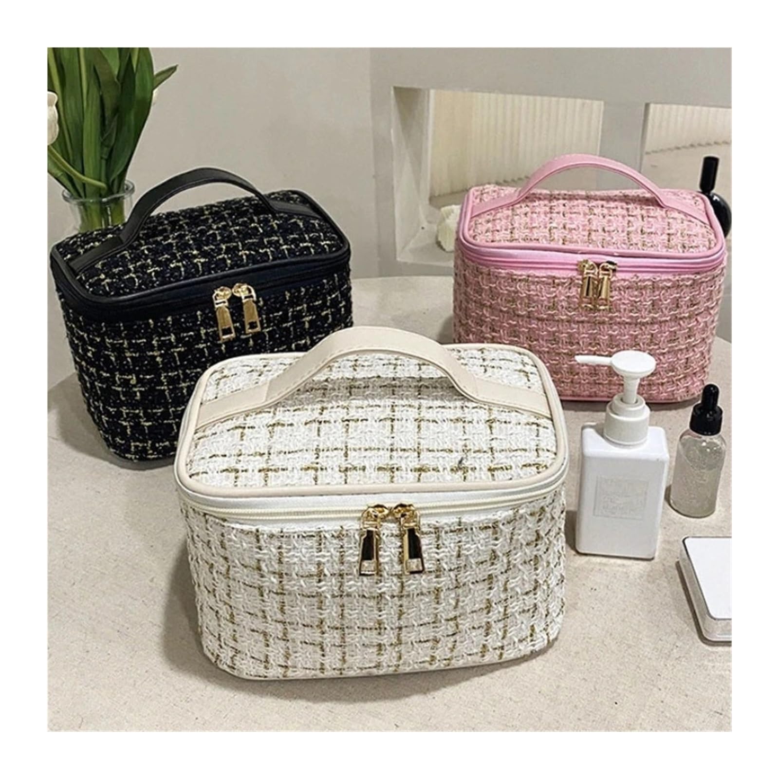 Bolsa Maquillaje Bolso de Mujer, Bolso de Maquillaje de Estilo Tejido, portátil, Bolsa de Maquillaje portátil, Bolsa de Almacenamiento Grande de Moda