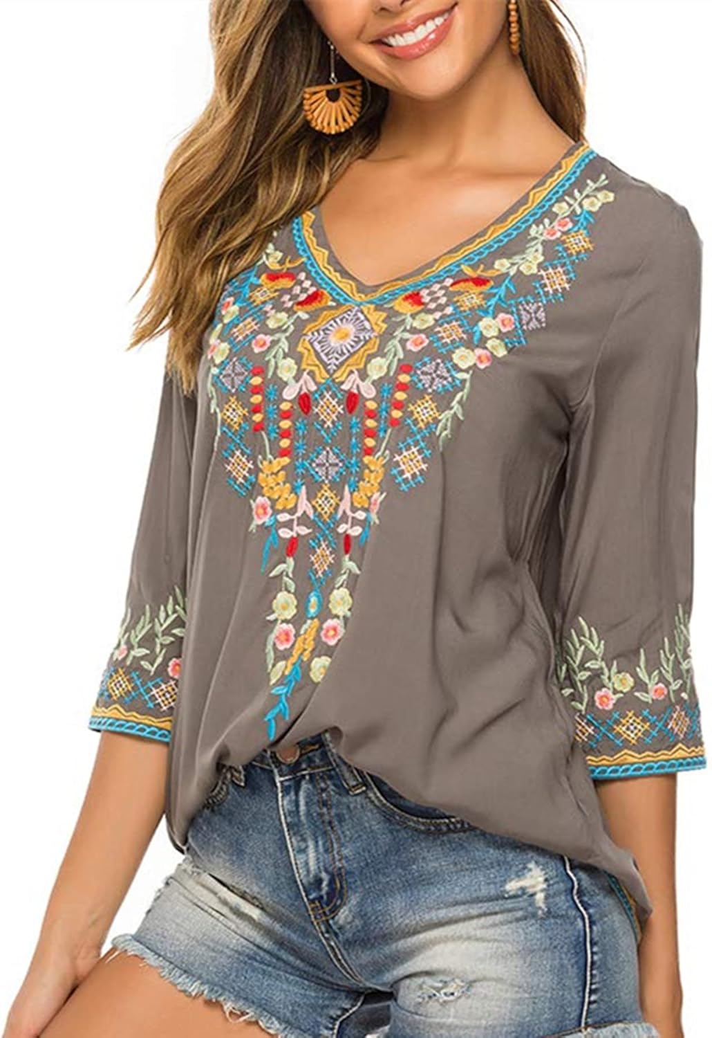 LauraKlein Women's Boho Embroidered Peasant Tops 3/4 Sleeve V Neck Mexican Bohemian Shirts Tunics Blouses - Image 3