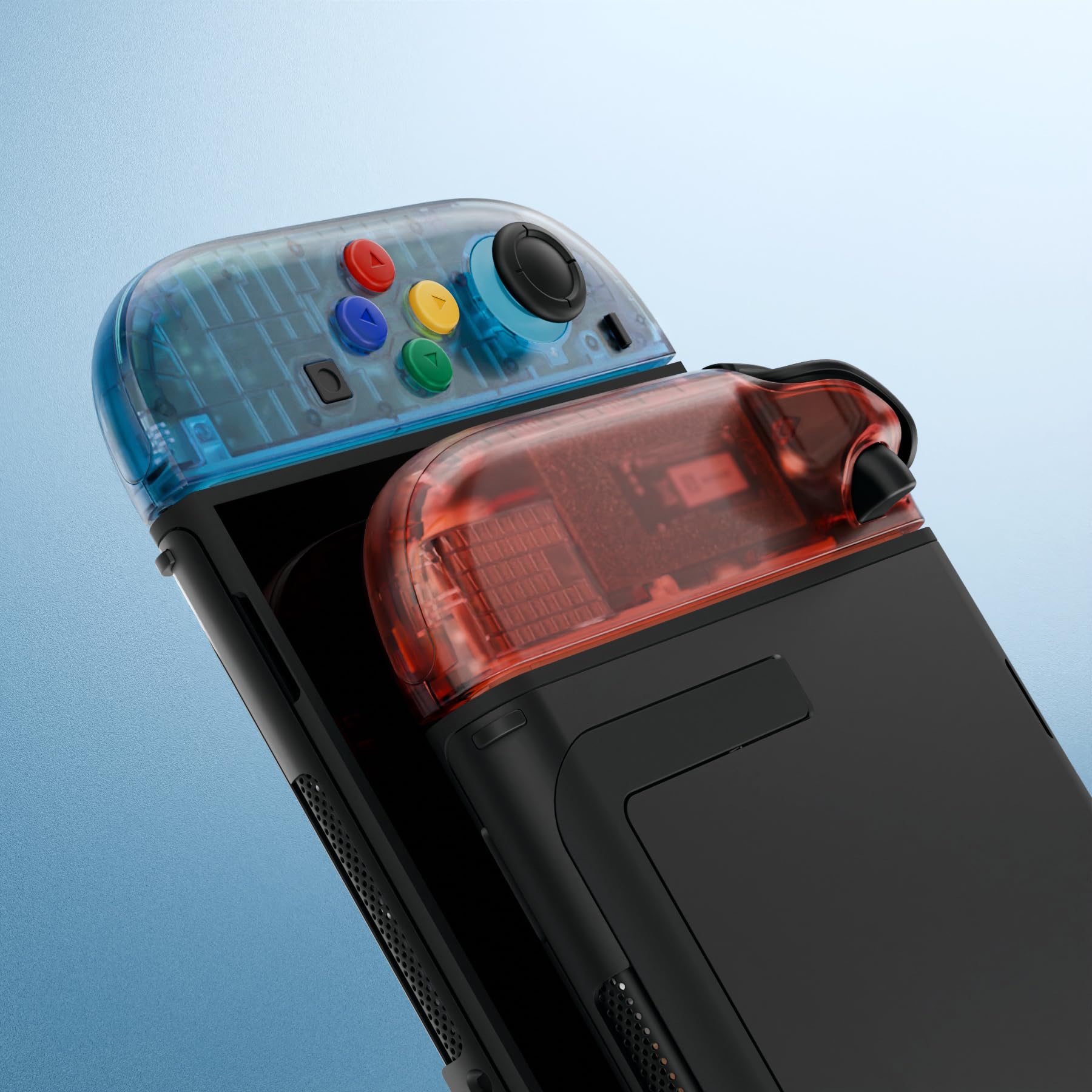 eXtremeRate Ersatz Shell & Buttons Set für Switch 2 Joycons, Essence Version Faceplate/Back Cover/Griff Deko Streifen/ABXY D-Pad-Knöpfe Zubehör für Switch 2 Joy Con-Clear Blau&Clear Orange