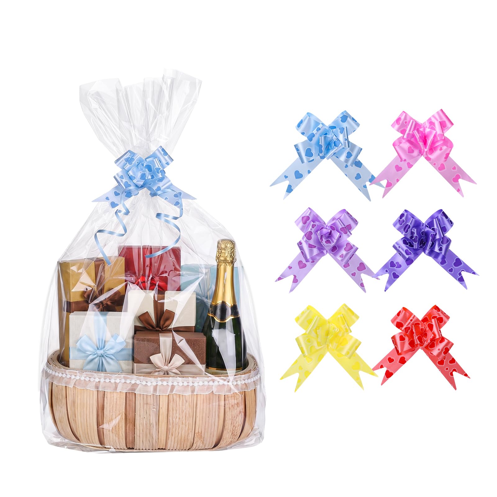 woric 12 Pcs Large Cellophane Bags for Hampers, 24"X30" Hamper Wrapping Cellophane Clear Gift Bags with Pull Bows for Basket Gift Wrap Birthday Wedding Baby Shower