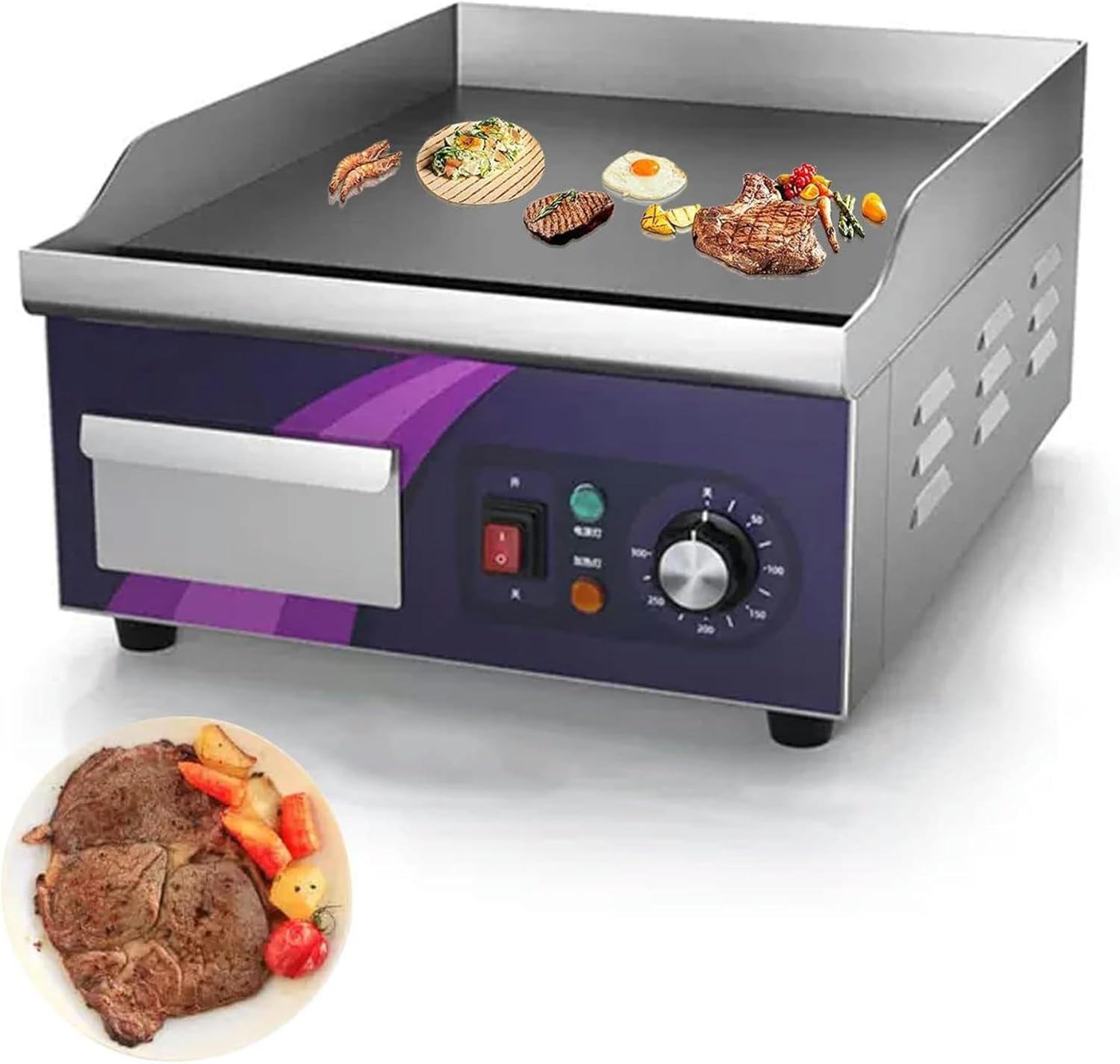 Electric Griddle Commercial Counter Top Flat Hotplate, Stainless Steel Adjustable Temperature Countertop Hot Plate BBQ Grill, 220-240V Efficient Nonstick Electric Griddle for Home Kitchen