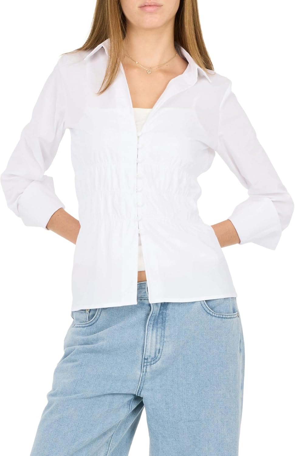 Forever 21 Women's Poplin Button-Down Long Sleeve Shirt Collared Top with Self-Tie Back