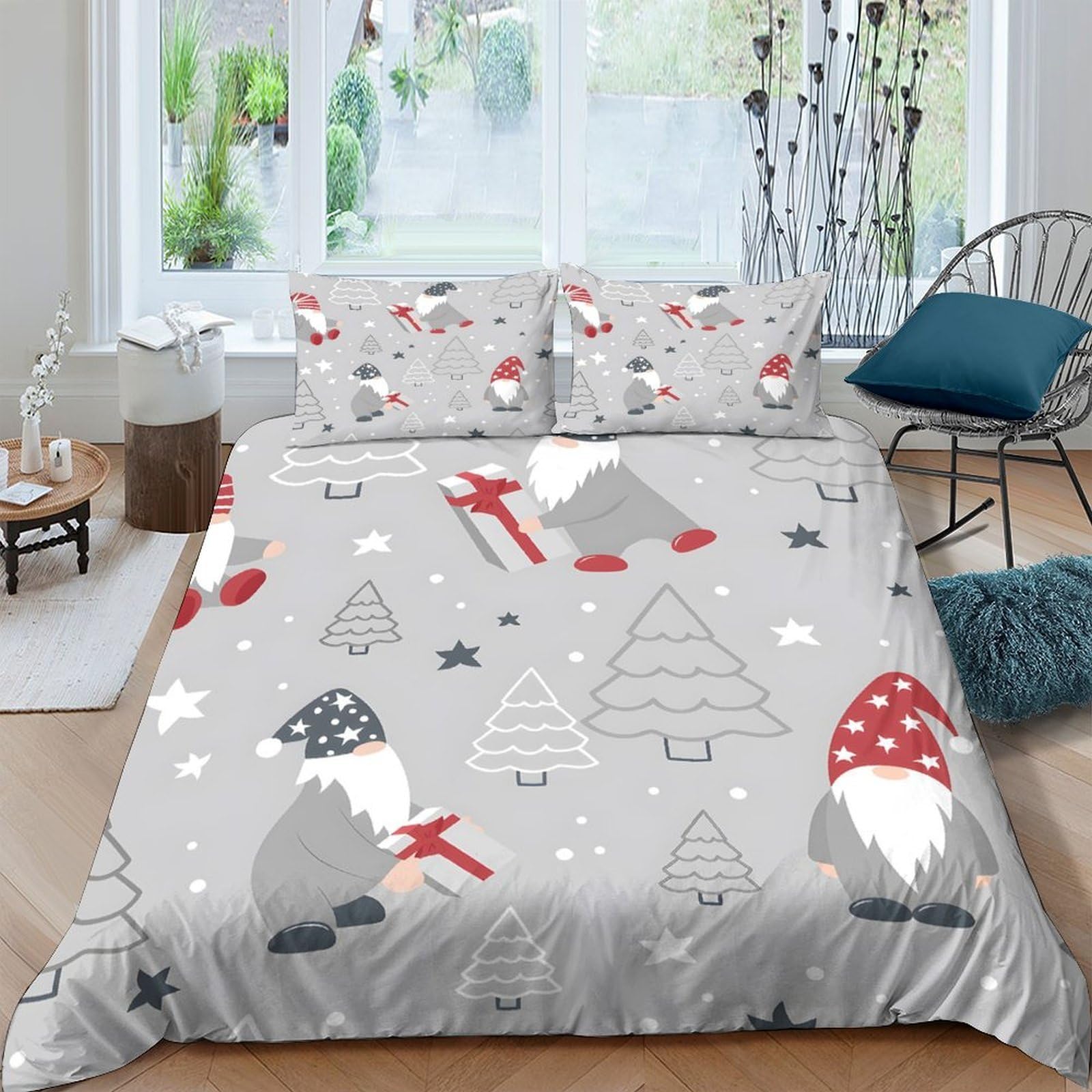 GPLZQXKJNH 3D Printed Christmas Gnome Duvet Cover Set Microfiber Grey Red Bedding with 2 Pillowcases for Bedroom Home Decor Single（135x200cm）