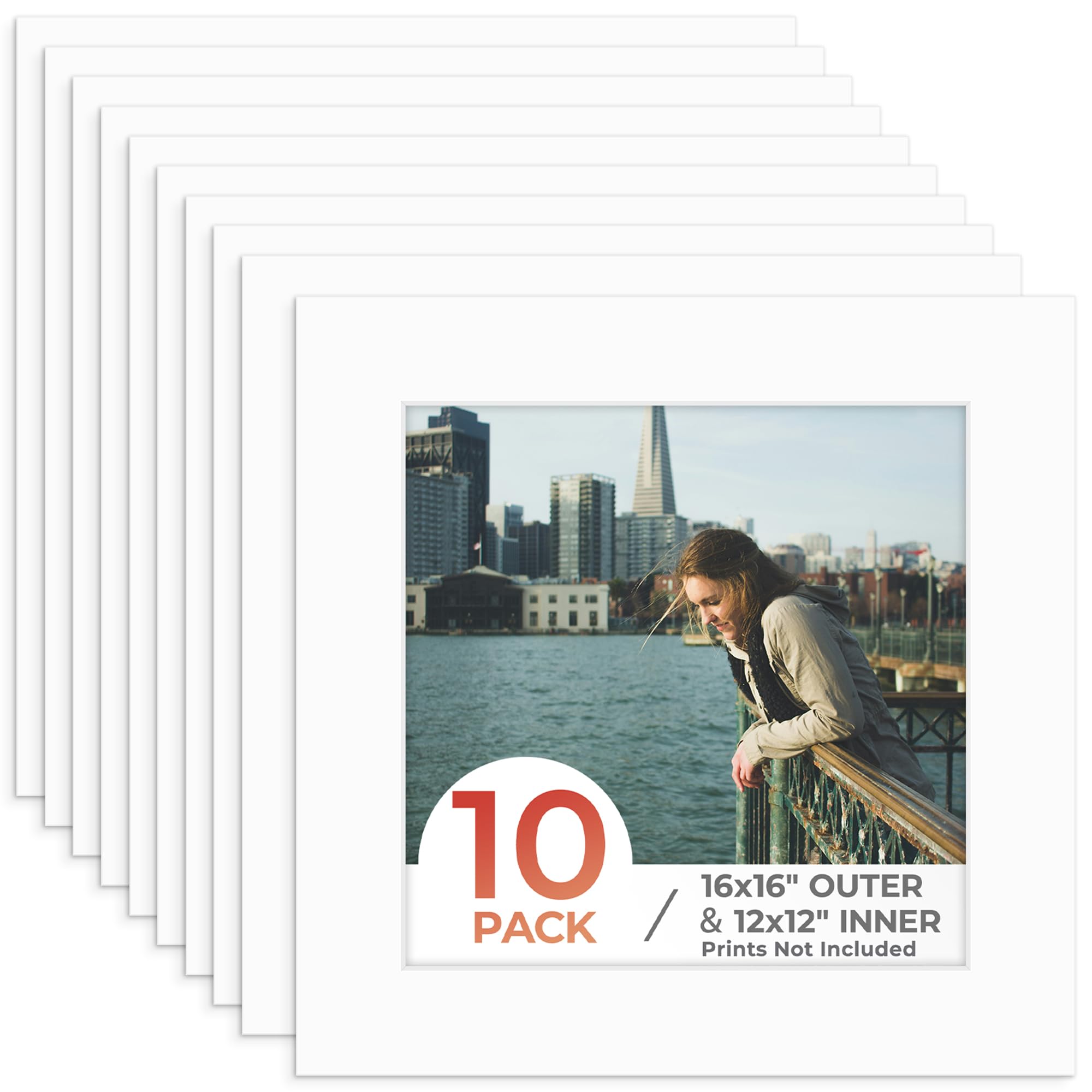 Frametory, 10 Pack 16x16 White Mat, 11.5x11.5 Opening for 12x12 Pictures