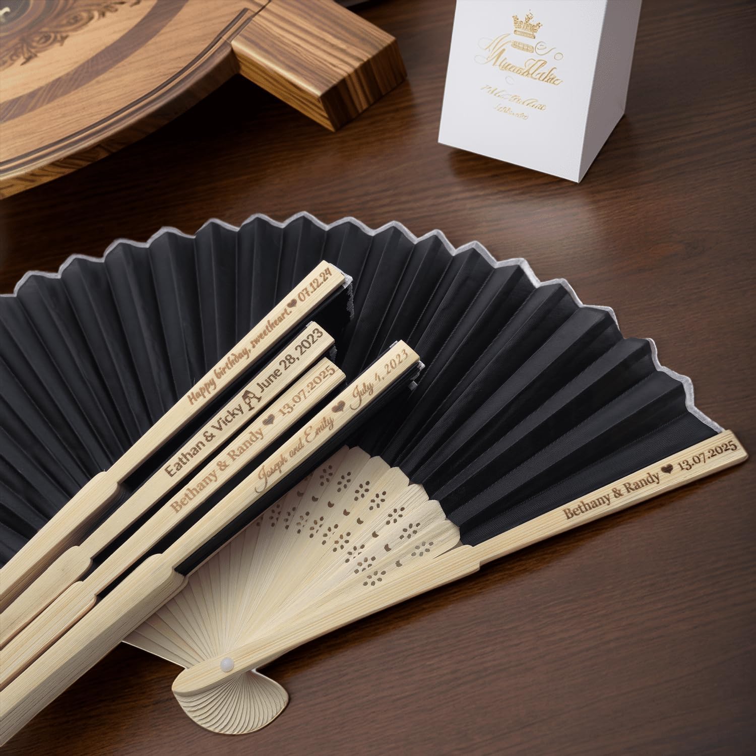 53pcs Custom Silk & Bamboo Folding Fans - Personalization Elegant Black Wedding Hand Fans, Bridal Party Favors, Summer Event Souvenirs with Organza Bags