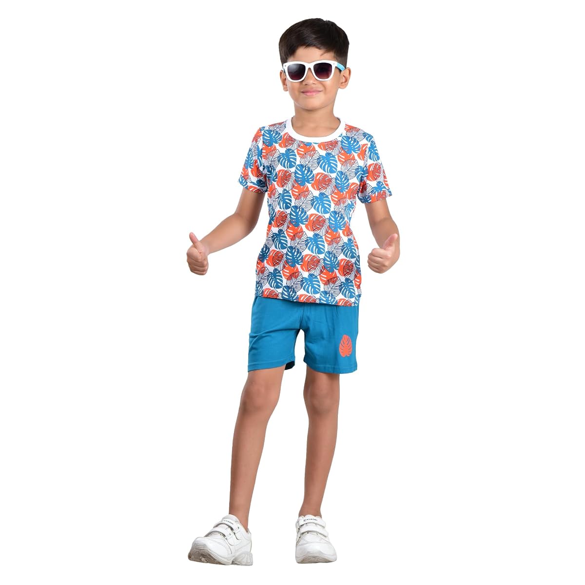 Clothe Funn Boys Co-Ordinate Set, T-Shirts & Shorts Set, White AOP/Teal (11-12
