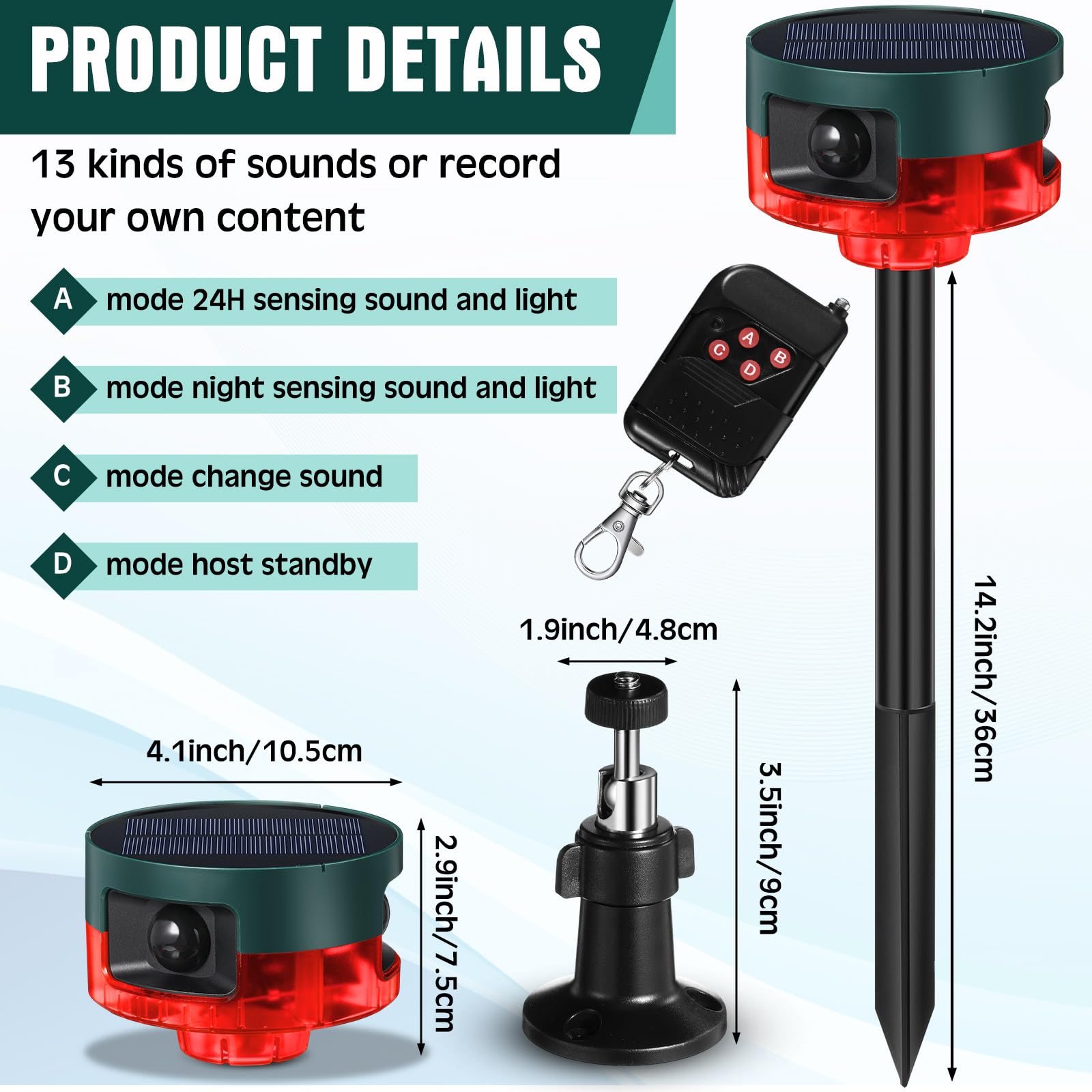 Qualirey Paquete de 2 alarmas solares con sensor de movimiento para exteriores, sensor de movimiento, disuasorio de animales, alarma de ladridos de perro para seguridad en el hogar, soporte de