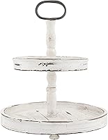 Creative Co-Op Distressed Cream Wood 2-Tier Tray with Metal Handle - Rustic Kitchen Organizer & Table Centerpiece