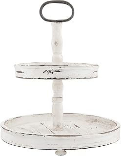 Creative Co-Op Distressed Cream Wood 2-Tier Tray with Metal Handle - Rustic Kitchen Organizer & Table Centerpiece