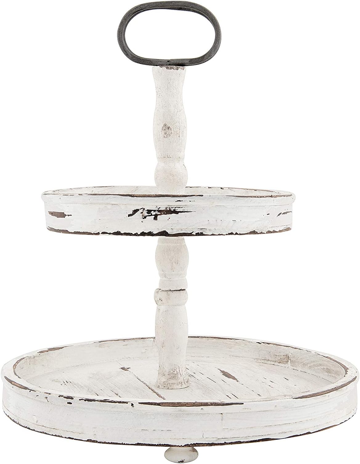 Distressed Cream Wood 2-Tier Tray with Metal Handle