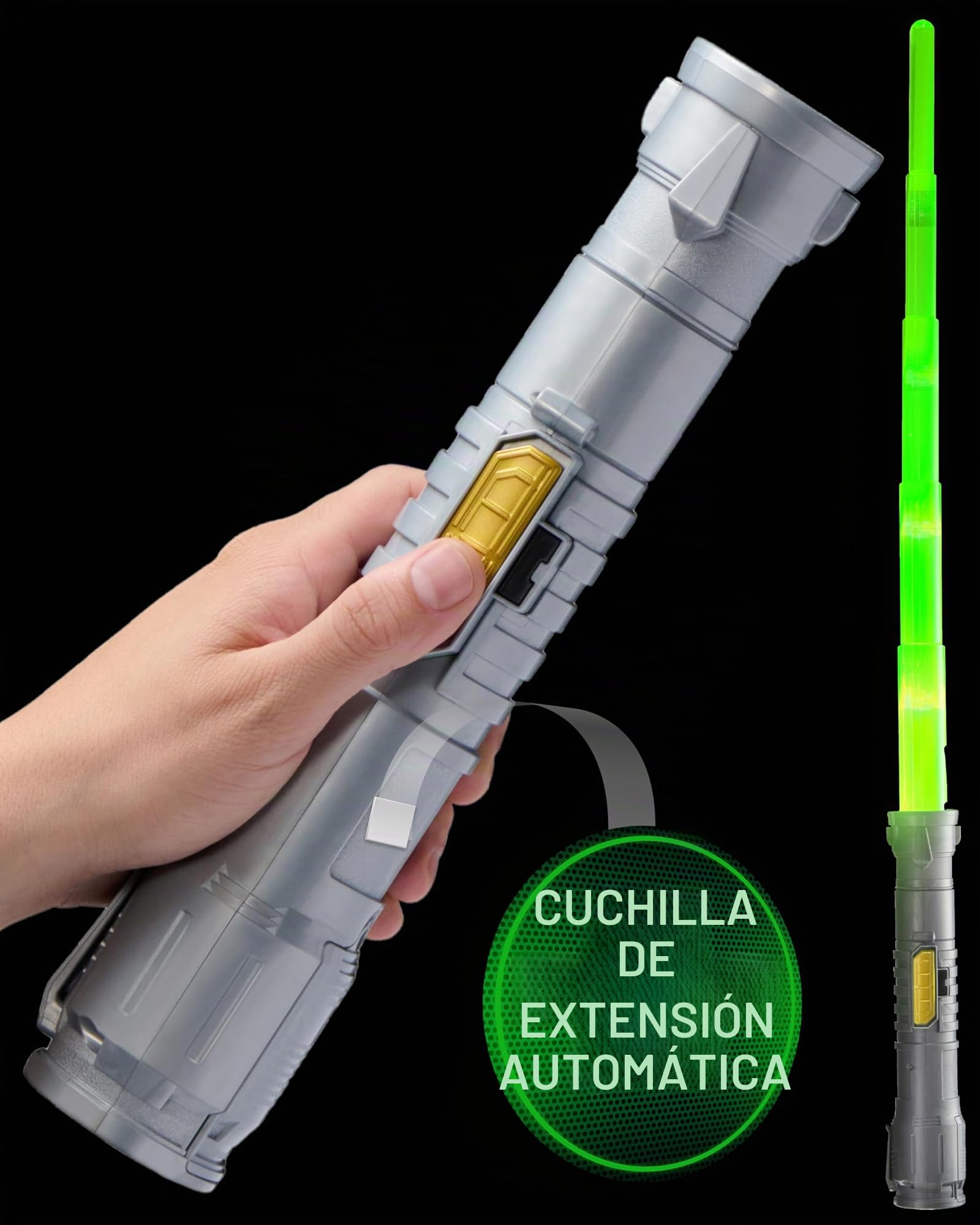 POWER SABER - Verde - Sable Láser para Niños y adultos a Partir de 6 Años - Extensible y Retráctil - Juguete Láser Luminoso Realista y Seguro - 30cm/Desplegado 89 cm - Caja Abierta