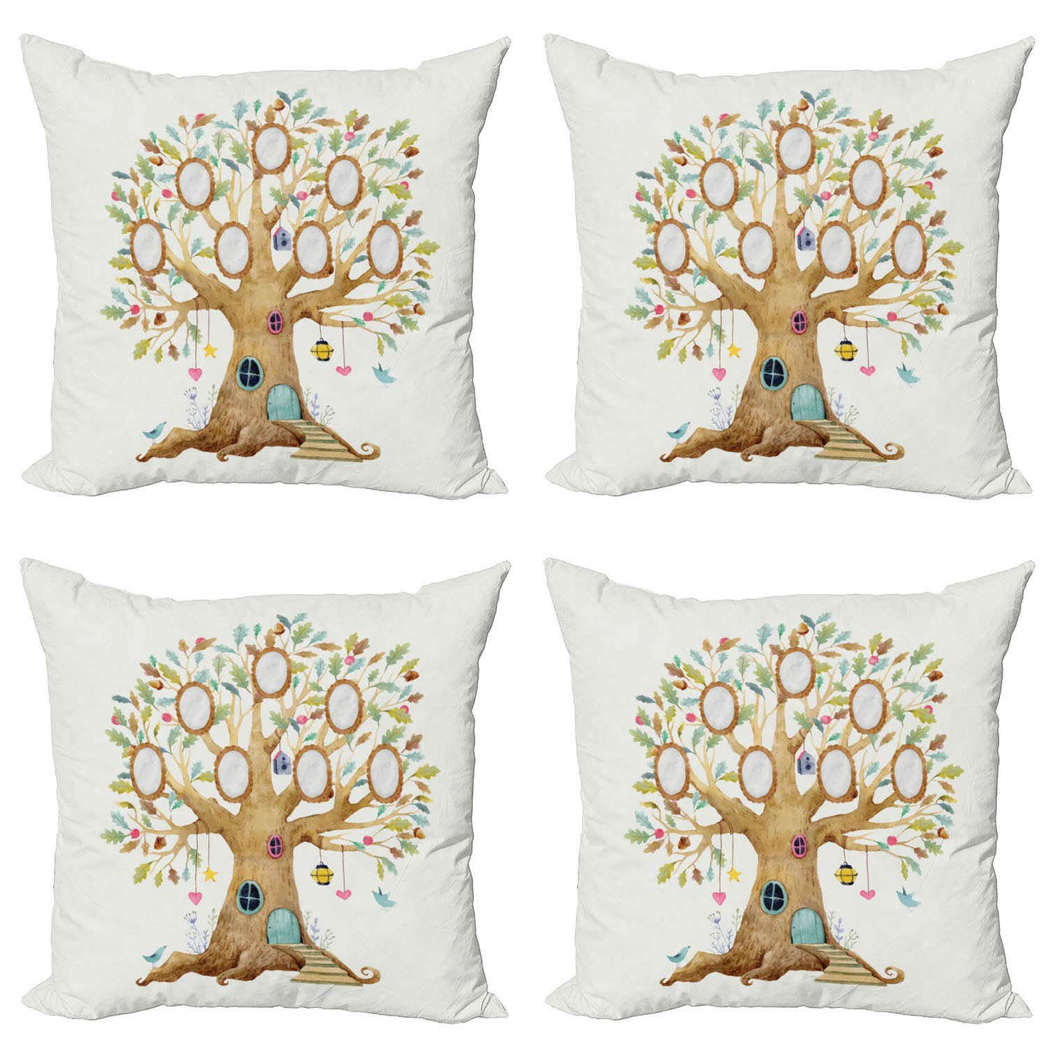 ABAKUHAUS Northwoods Federe Cuscini Set di 4, Foresta Idillio Mattina, Stampa Digitale Fronte-Retro con Accento Moderno, 45 cm x 45 cm, Borgogna Terra di Siena bruciata