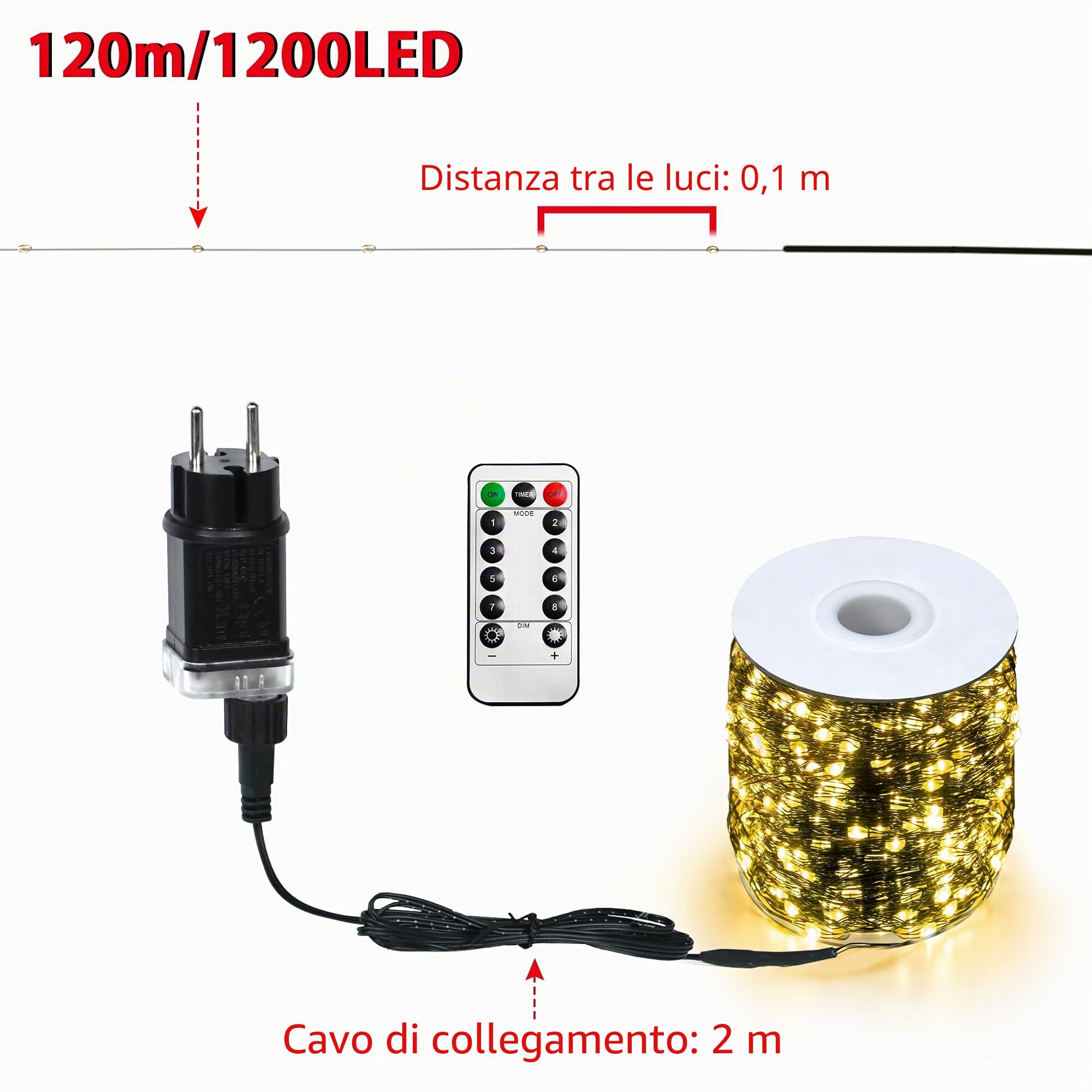 UISEBRT Catena luminosa a LED per interni ed esterni con alimentazione elettrica 120 m con spina e telecomando - Catena luminosa in filo di rame con 8 modalità di illuminazione per decorazioni