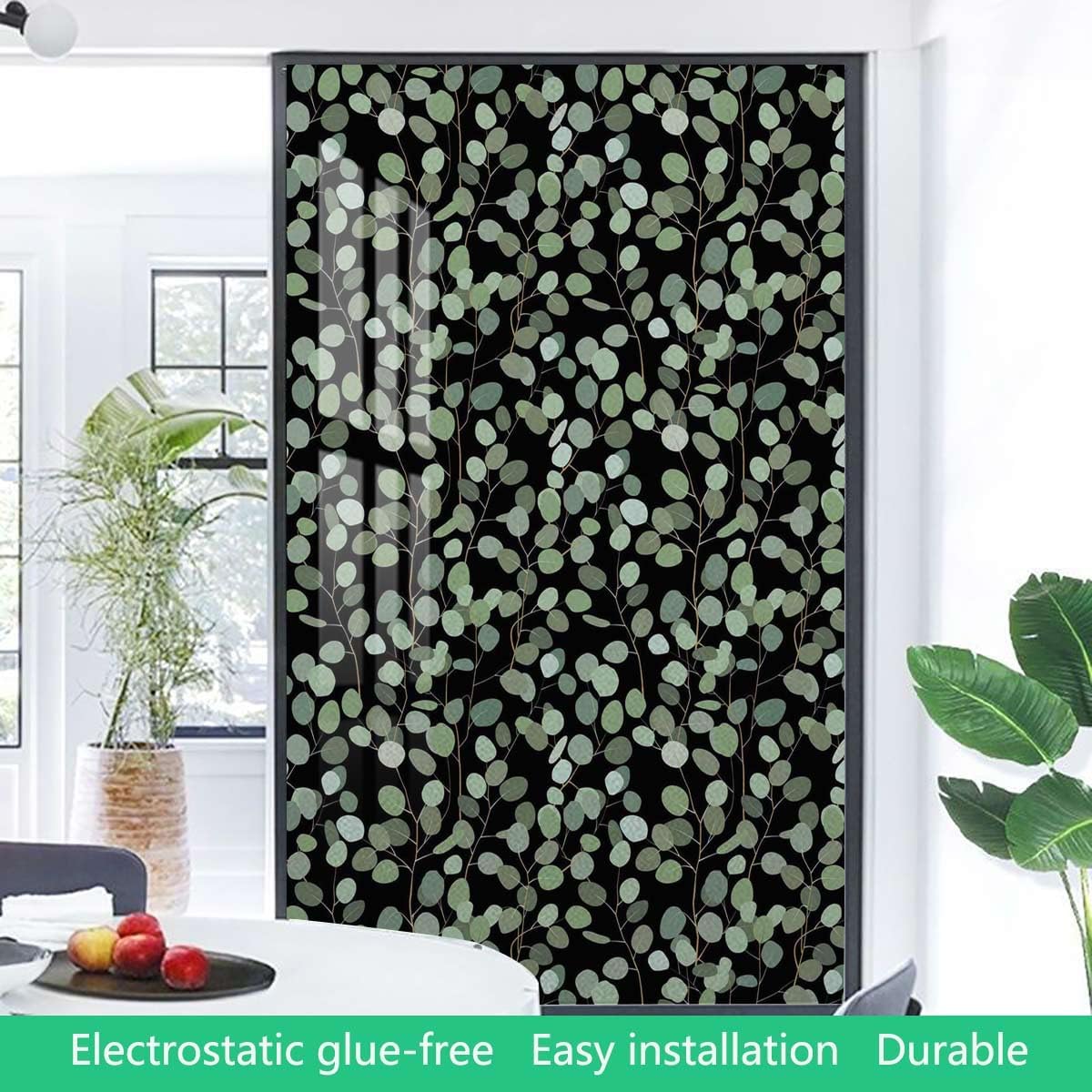 Black Gray Green Window Film Privacy Window Film Frosted Glass Film Nostalgic Eucalyptus Leaf Flowers Removable Static Cling Window Film Stickers Flowers 35.4Wx78.7L-inch