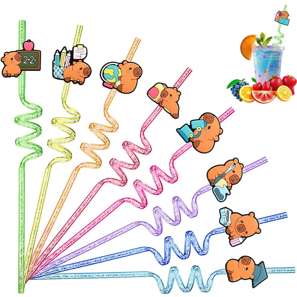 Capybara Curly Hard Straws, 12PCS Capybara Reusable Drinking Straws Washable Twisty Plastic Novelty Straw Cartoon Curly Straw Birthday Party Decorations for Family Gatherings,Juices and Smoothies