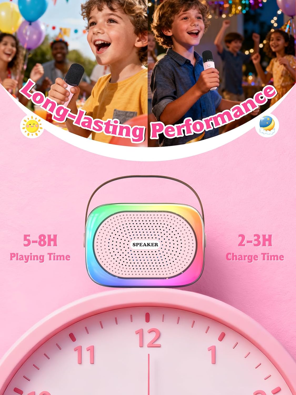 Mini Karaoke Machine for Kids Girls Boys Ages 3-12, Portable Bluetooth Speaker Car Karaoke with 2 Wireless Microphones with Voice Changing & LED Lights, TOP Birthday for Teen Child - Image 4