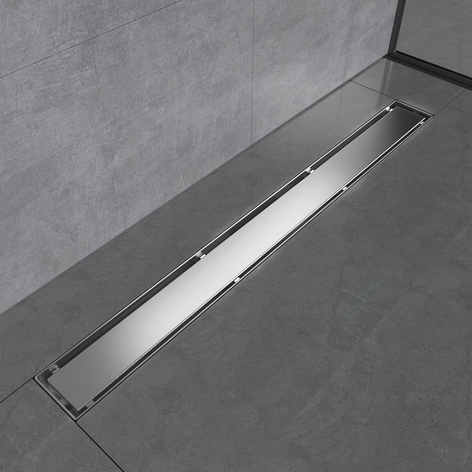 EMKE Caniveau de douche plat en acier inoxydable - 70 cm - Siphon avec système anti-odeurs/filtre à cheveux - Design 2-1 en design avec rangée latérale - Pour salle de bain