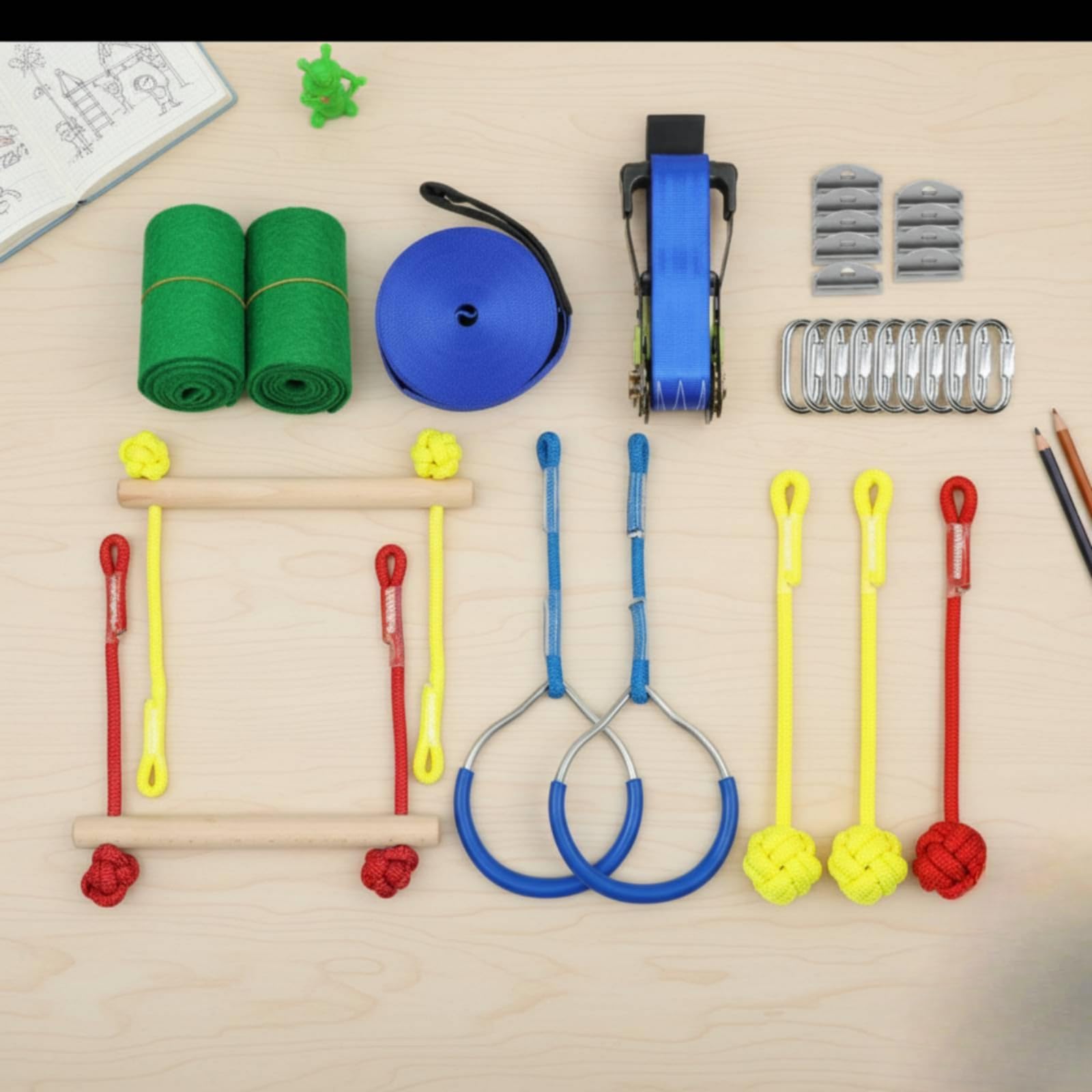 Harilla Entrenador de Equilibrio Infantil Kit de Slackline Línea de Obstáculos Barra de Madera Cuerda con Carabinas Metálicas para Coordinación y