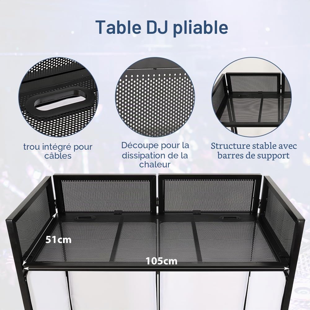 SMONTER table de DJ pliable mobile et dépliable, console de DJ avec revêtement noir et blanc, support de DJ réglable en hauteur et cabine de DJ (105 cm L x 51 cm P x 117 cm H), équipement DJ pour les