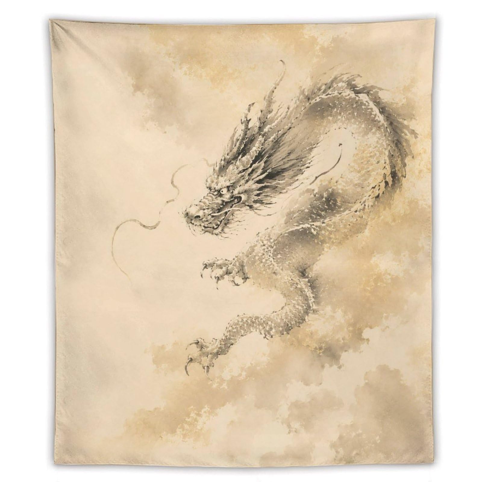 H3B8U2Y5 Ink Dragon Cloud Wall Tapestry, Asian Ink, Minimal Fantasy